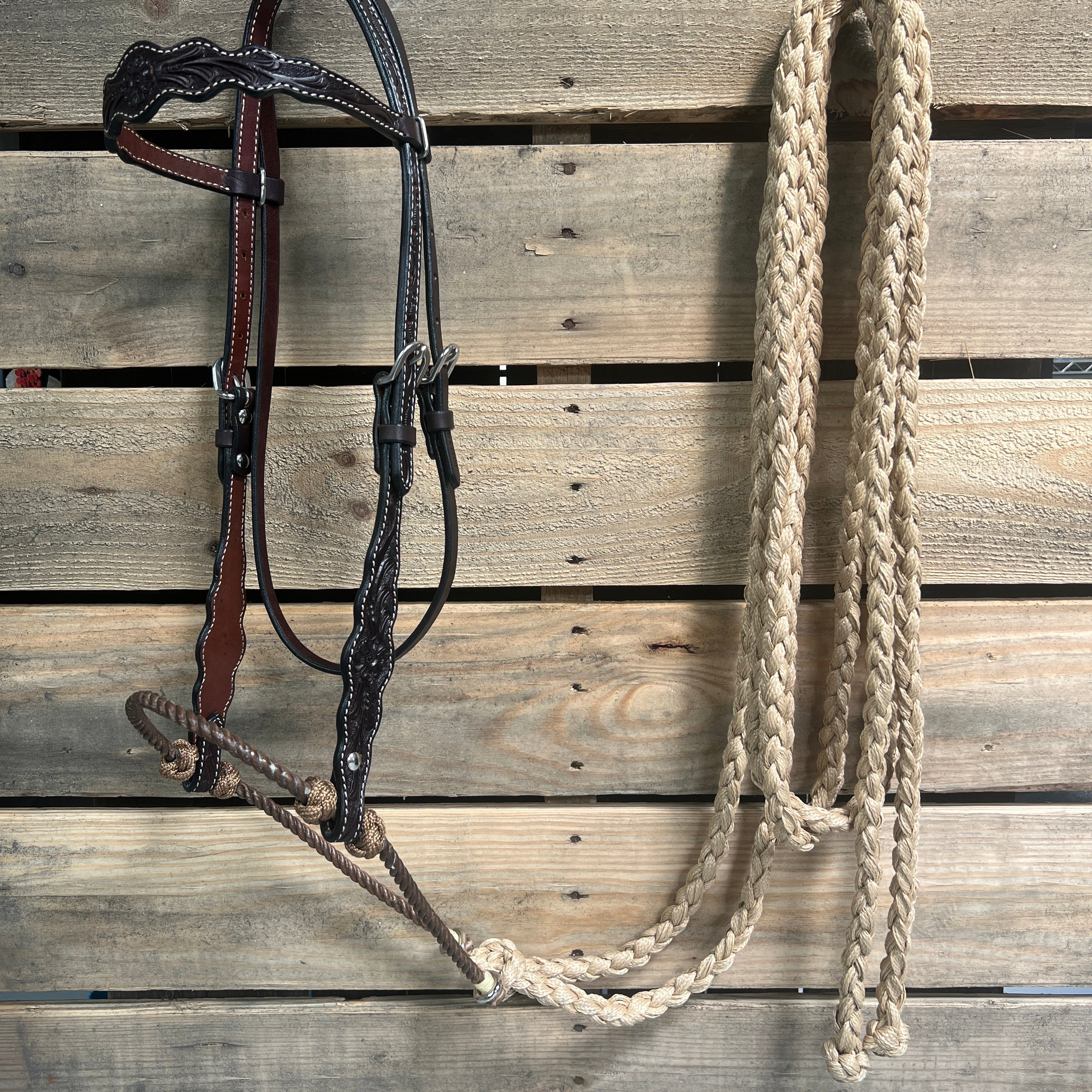 Dark Oil Floral Scalloped Tan Loping Hackamore #LHK018