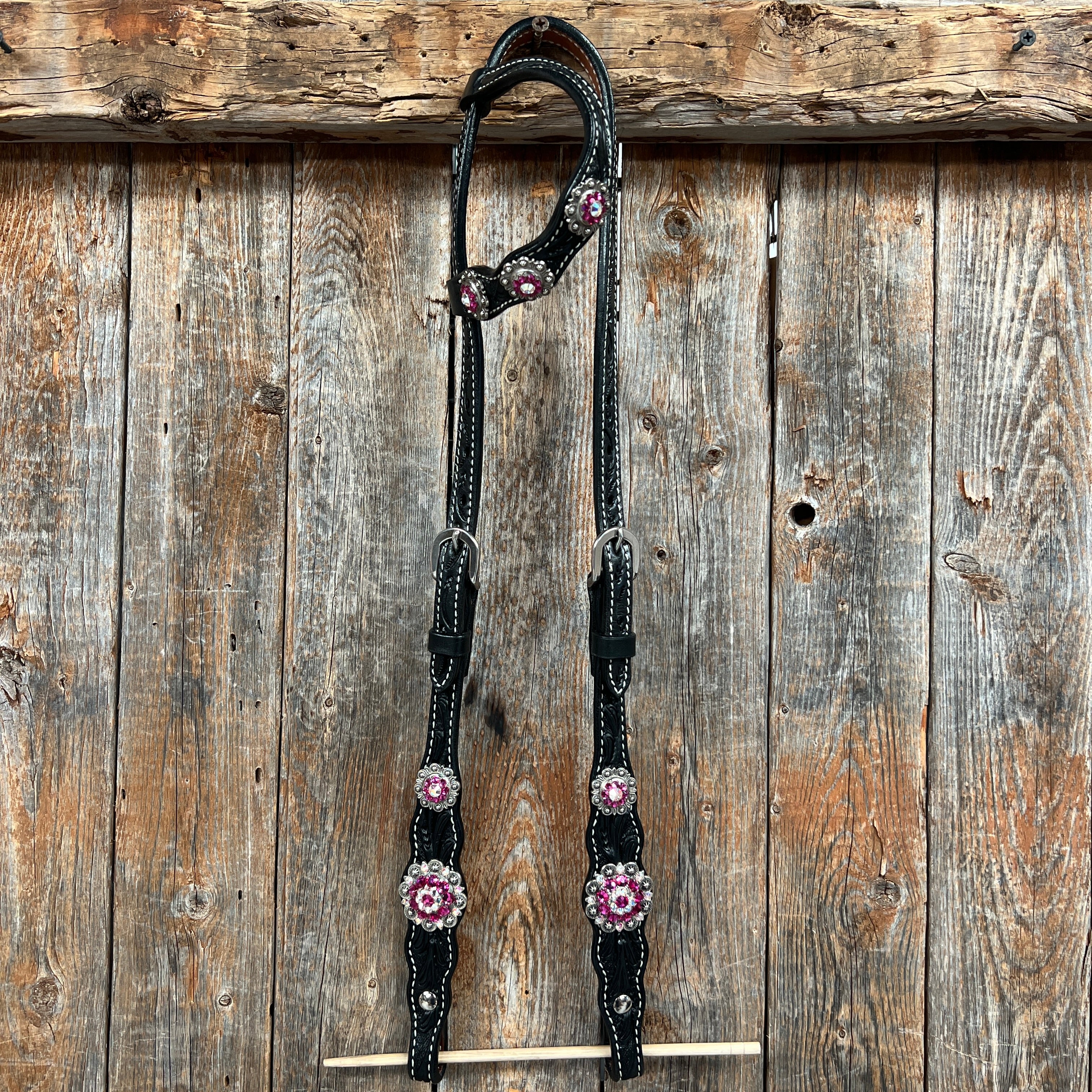 Black Floral Fuchsia Browband / One Ear Tack Set #BBBC596