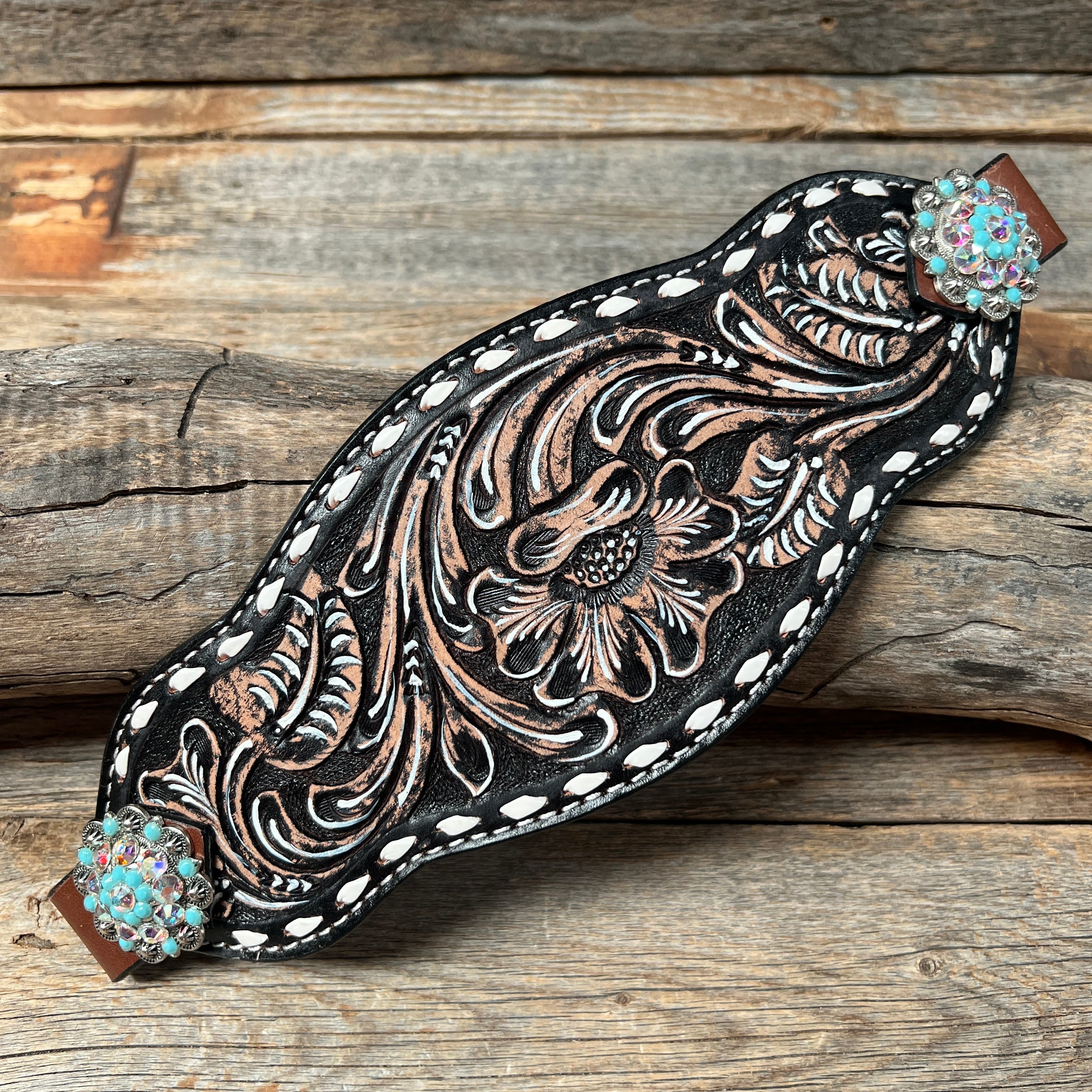 Dark Oil Buckstitch Bronc Noseband With Antique Silver Conchos