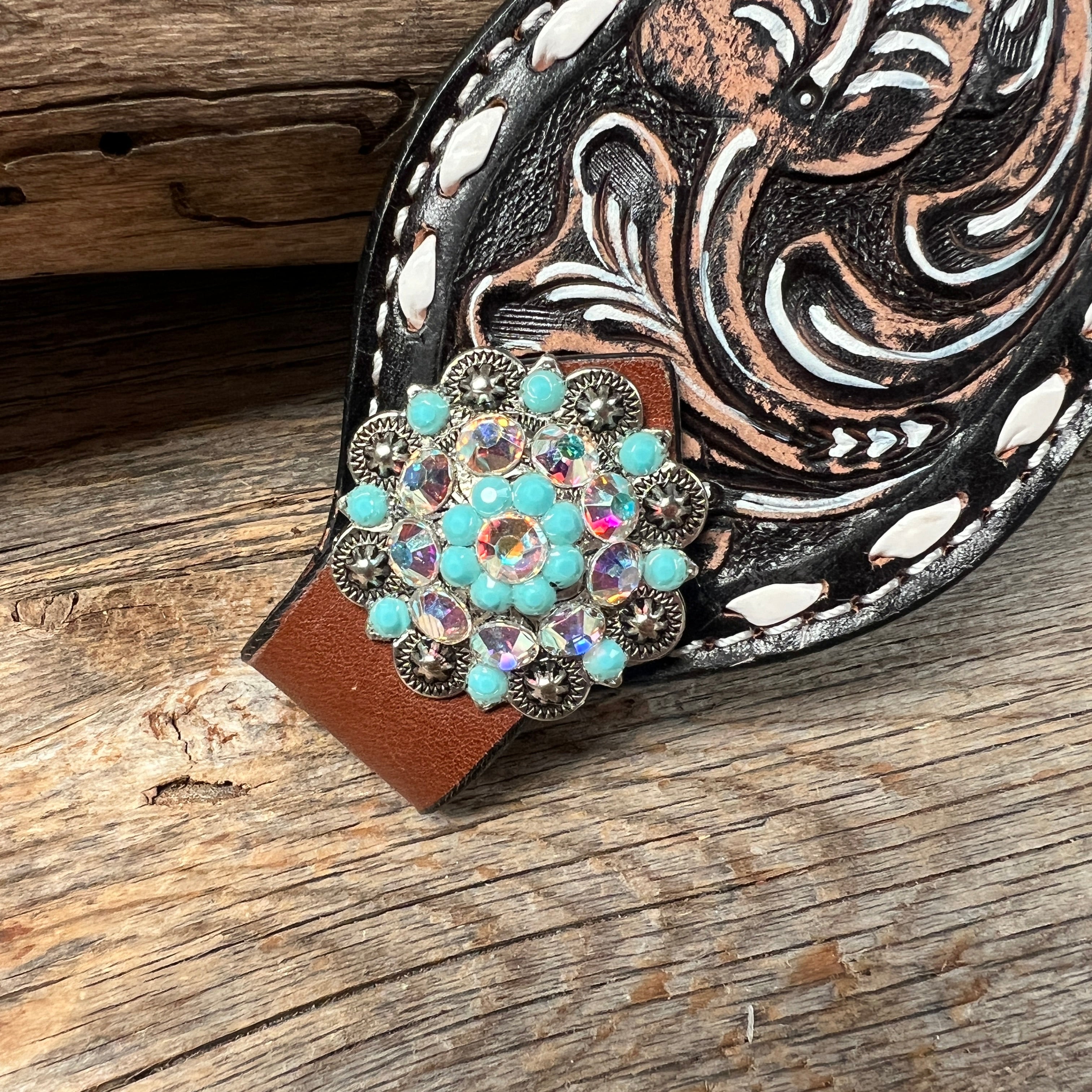 Dark Oil Buckstitch Bronc Noseband With Antique Silver Conchos