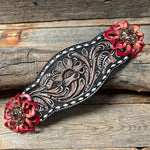 Dark Oil Buckstitch Bronc Noseband with Red Flowers and Crystal Conchos #BN100