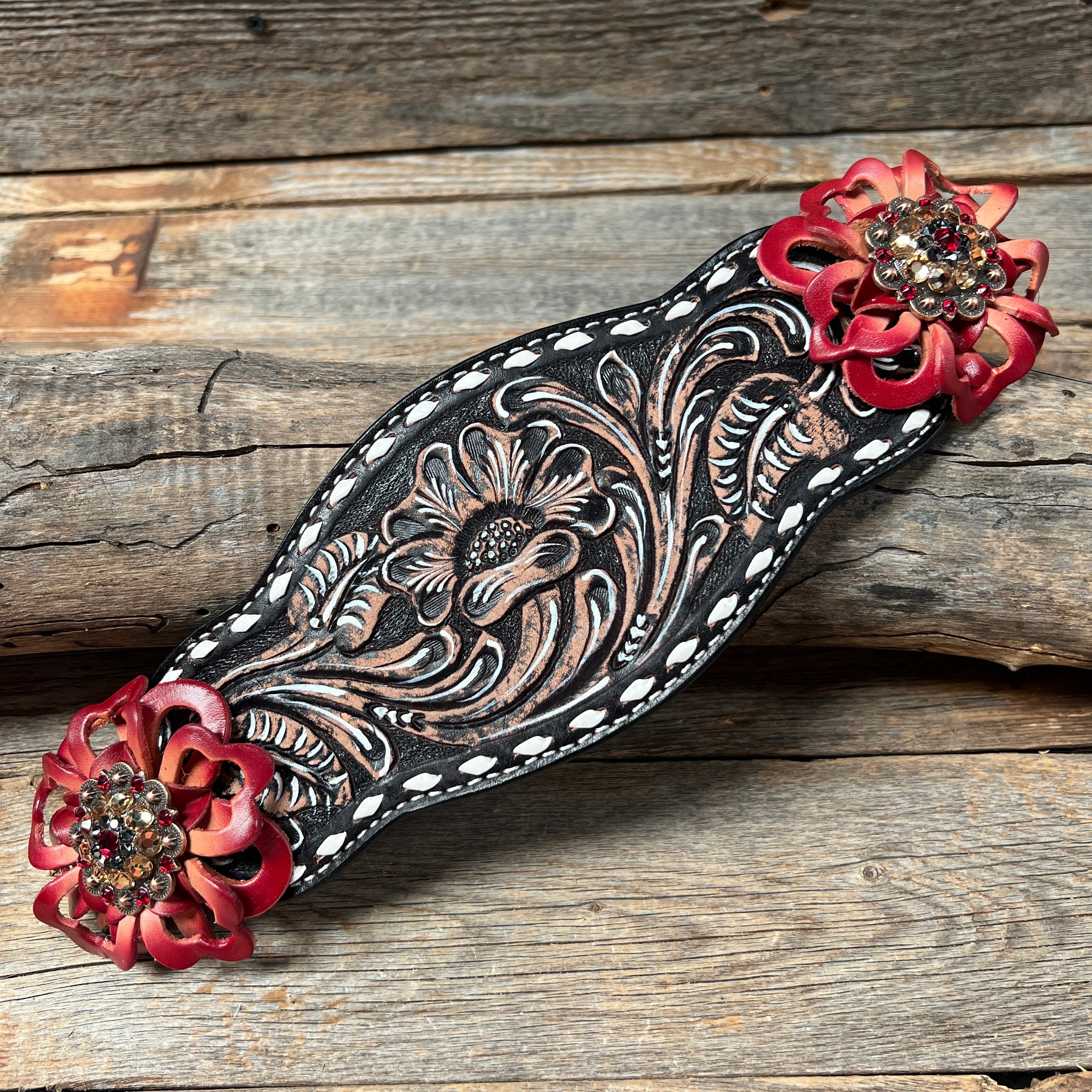 Dark Oil Buckstitch Bronc Noseband with Red Flowers and Crystal Conchos #BN100