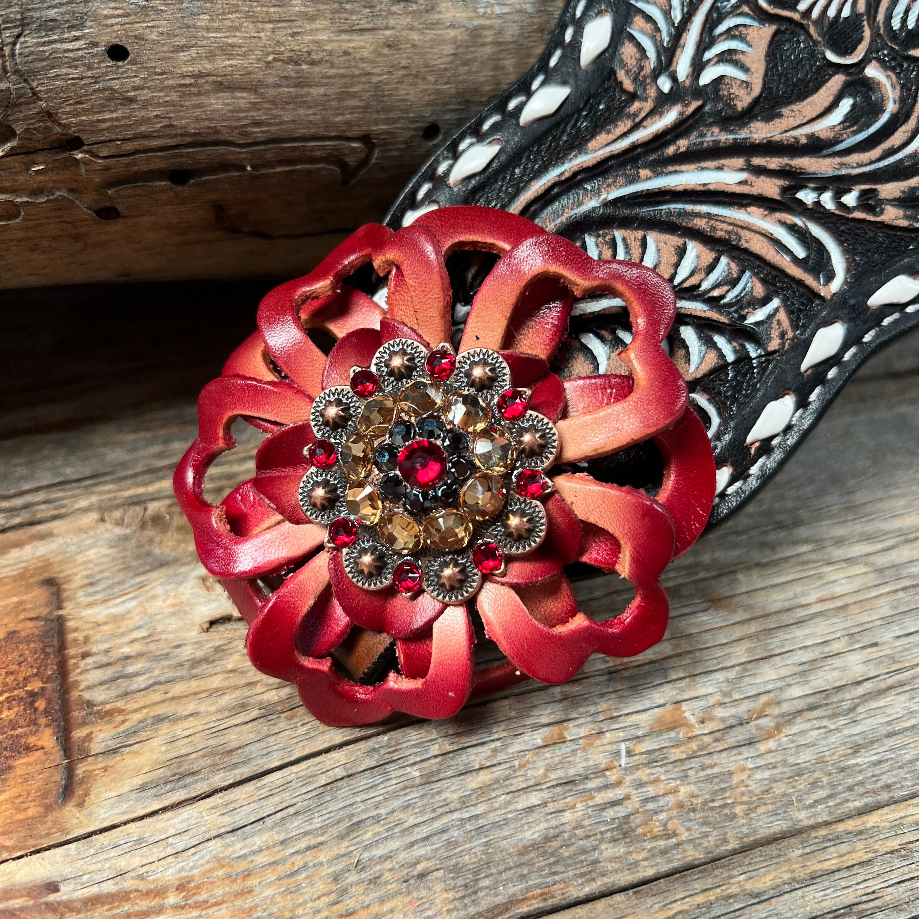 Dark Oil Buckstitch Bronc Noseband with Red Flowers and Crystal Conchos #BN100
