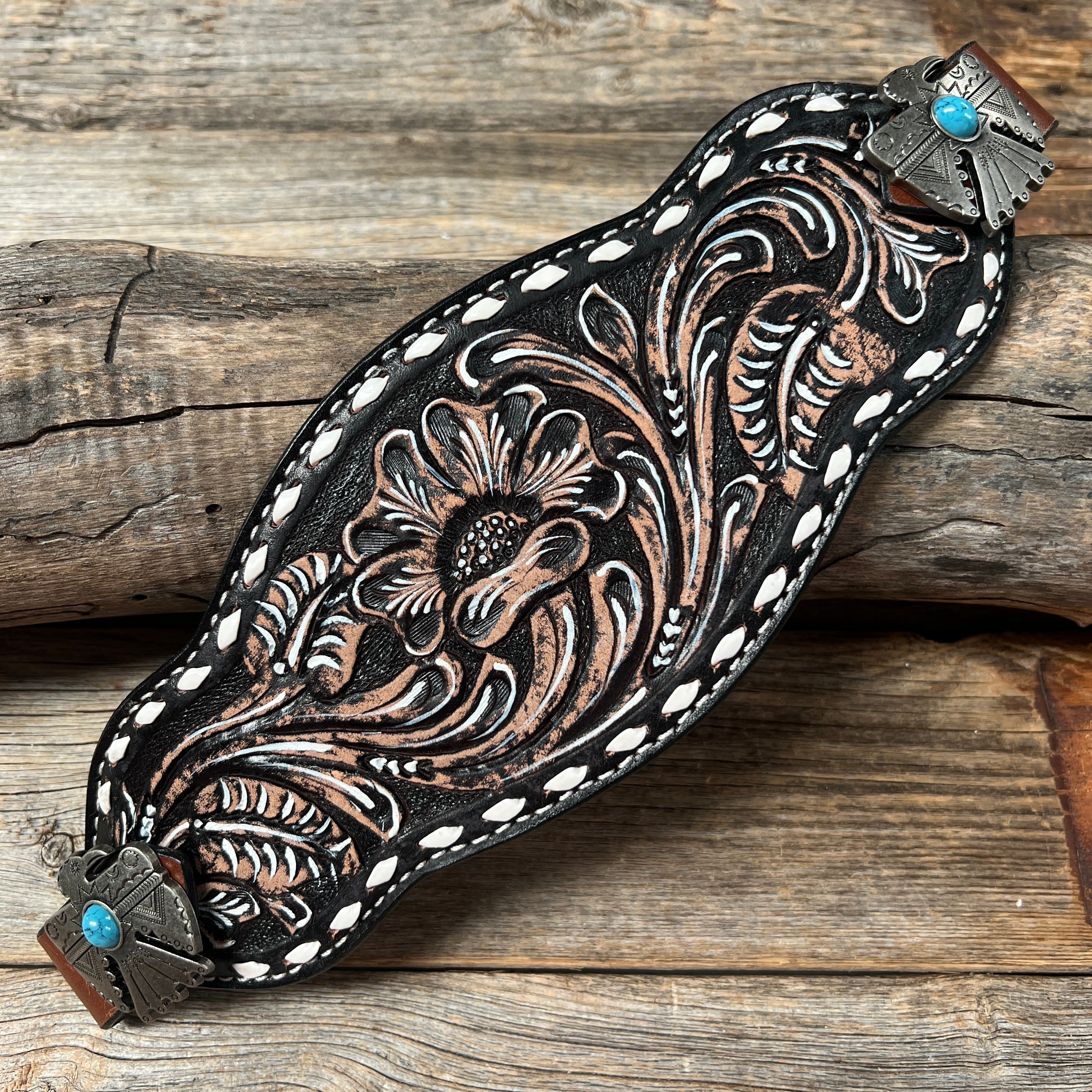 Dark Oil Buckstitch Bronc Noseband With Turquoise Conchos