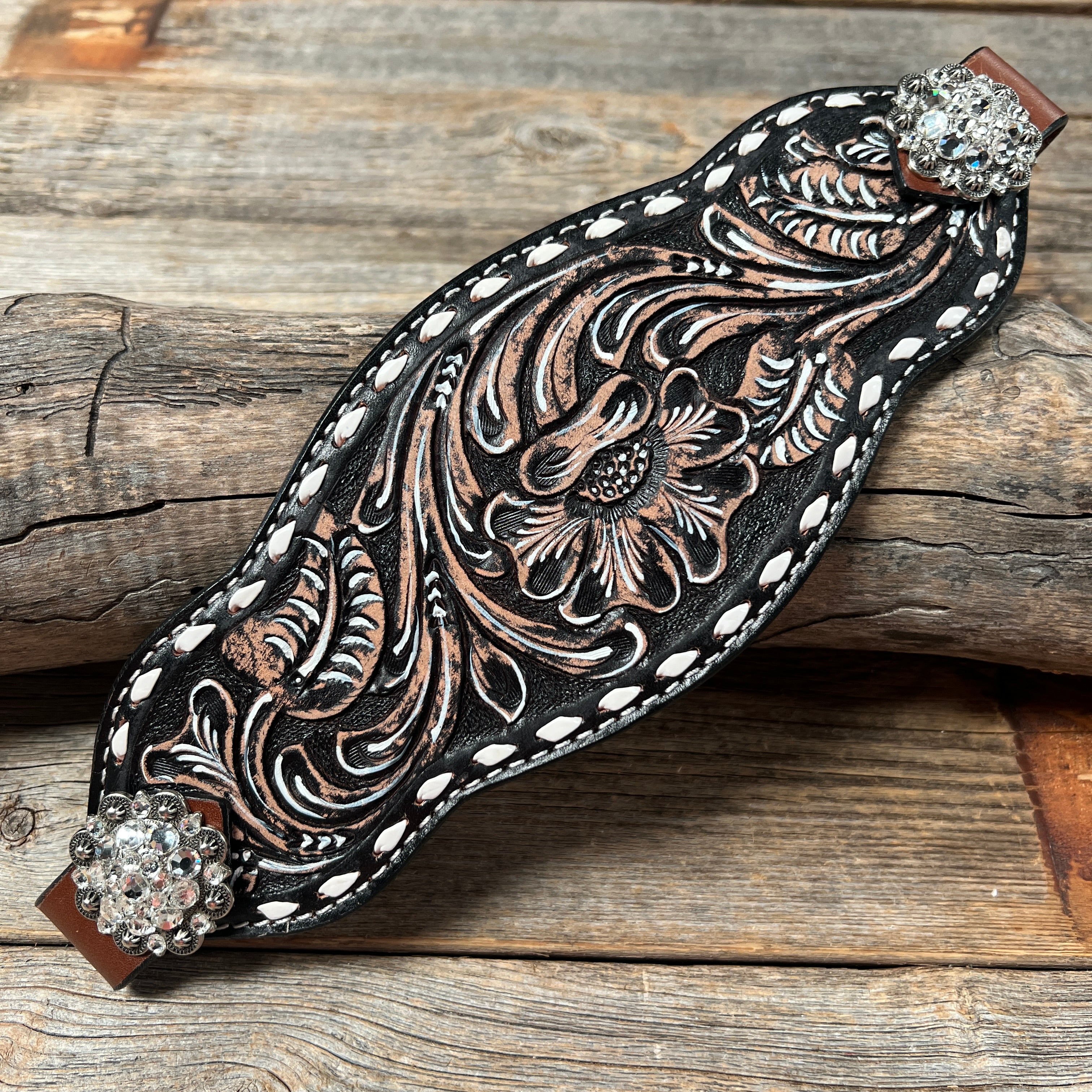 Dark Oil Buckstitch Bronc Noseband With Antique Silver Conchos