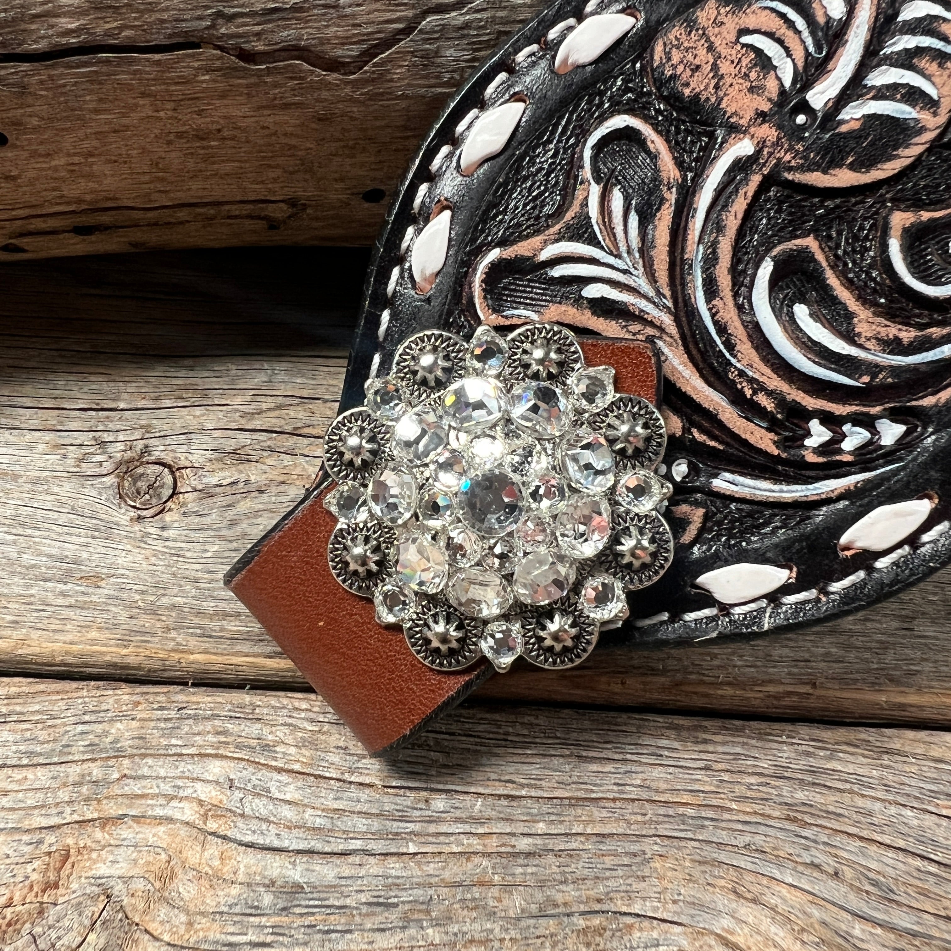 Dark Oil Buckstitch Bronc Noseband With Antique Silver Conchos