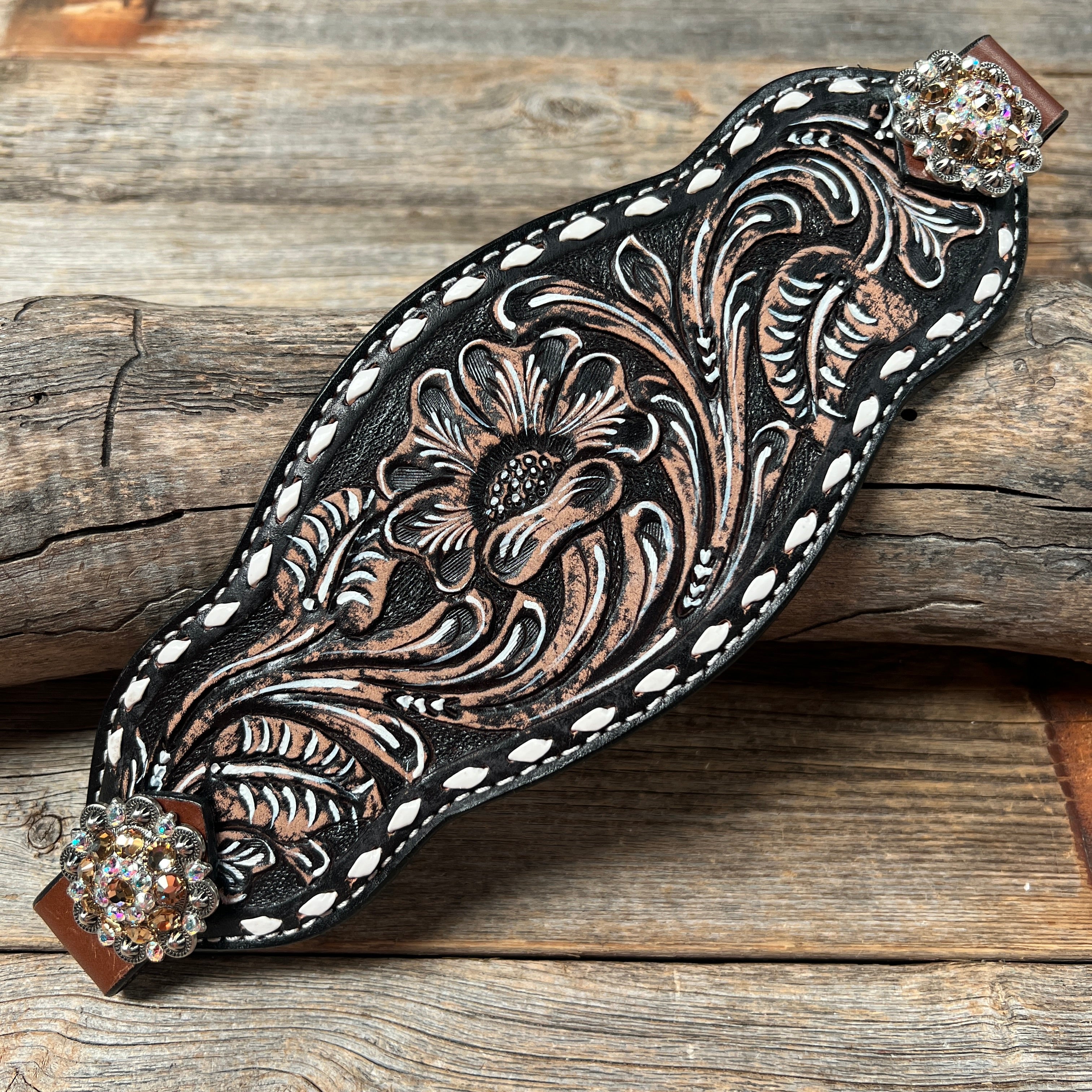 Dark Oil Buckstitch Bronc Noseband With Antique Silver Conchos