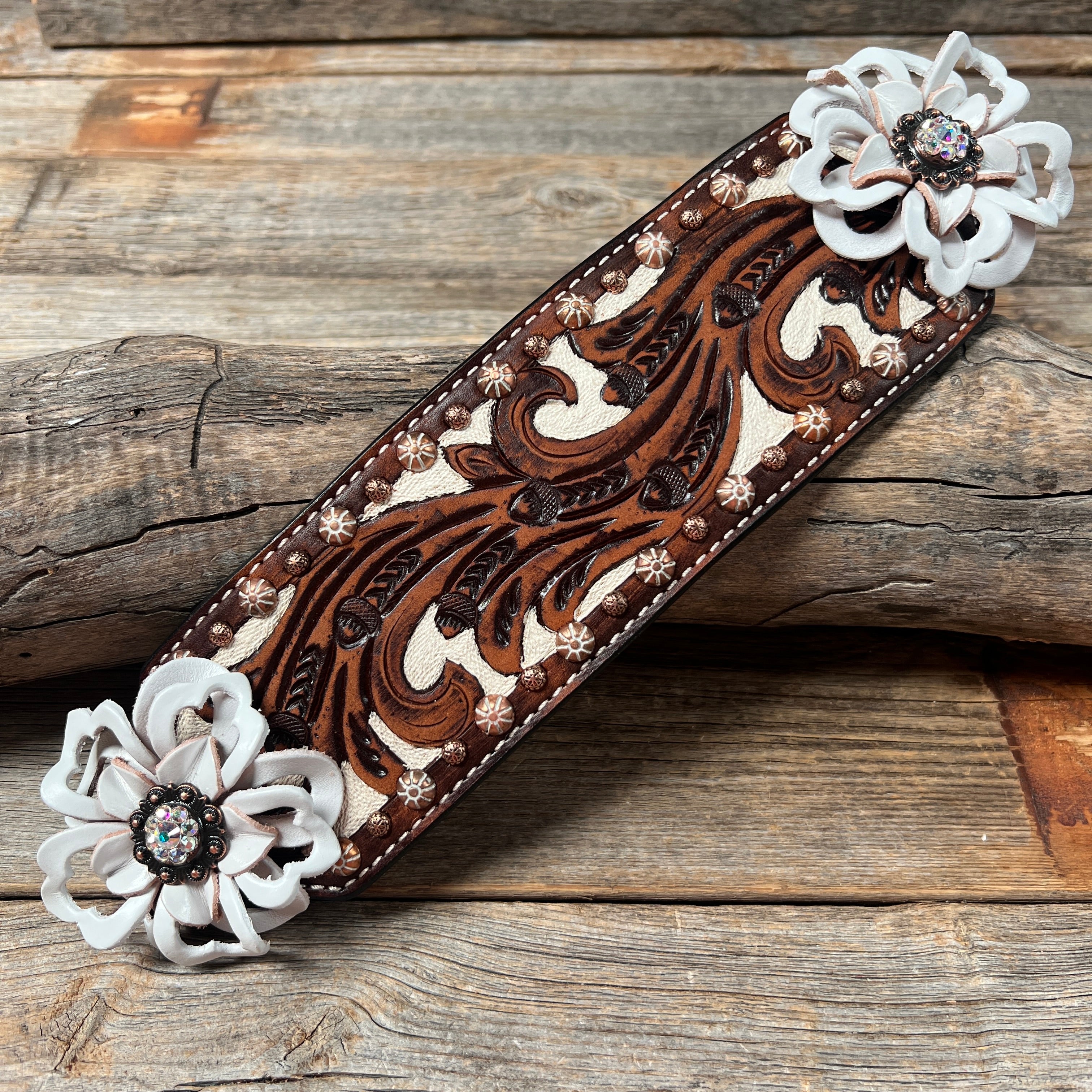 Medium Oil Copper Dot Bronc Noseband with White Lotus Flowers & Copper AB European Crystal Conchos