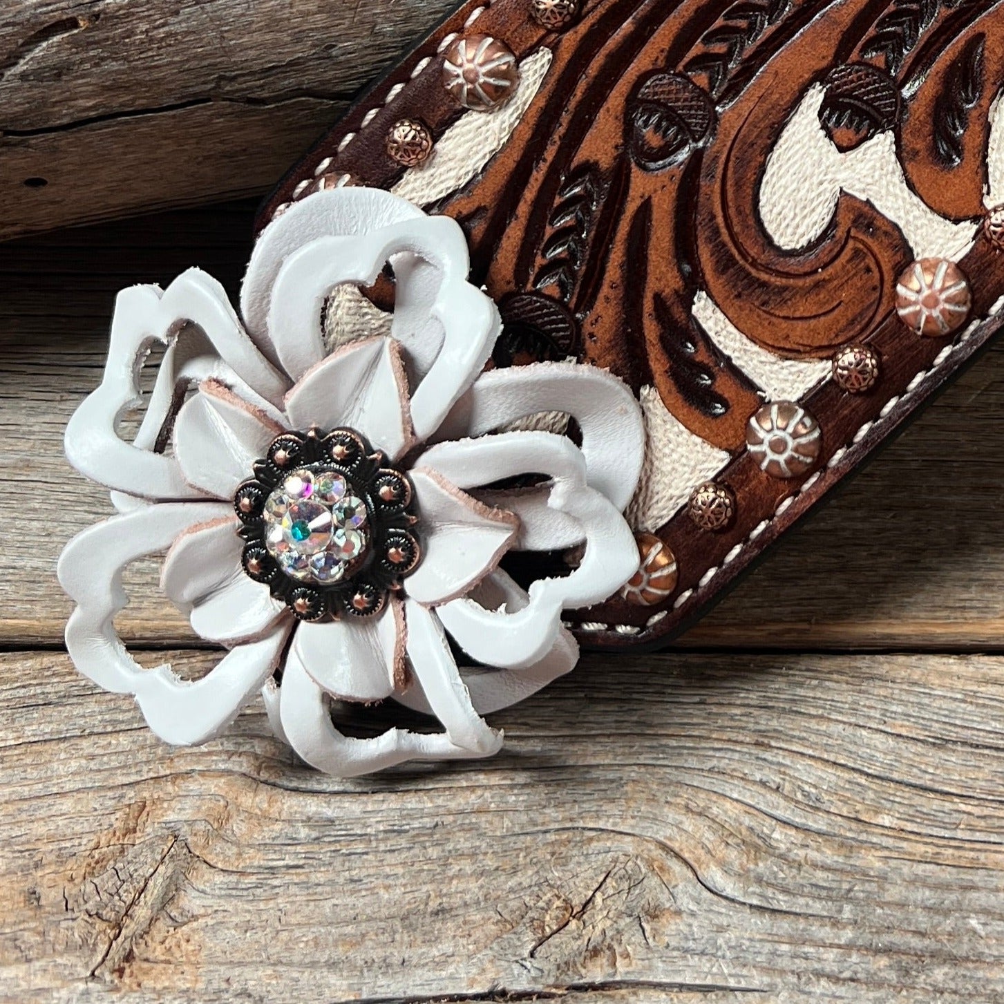 Medium Oil Copper Dot Bronc Noseband with White Lotus Flowers & Copper AB European Crystal Conchos