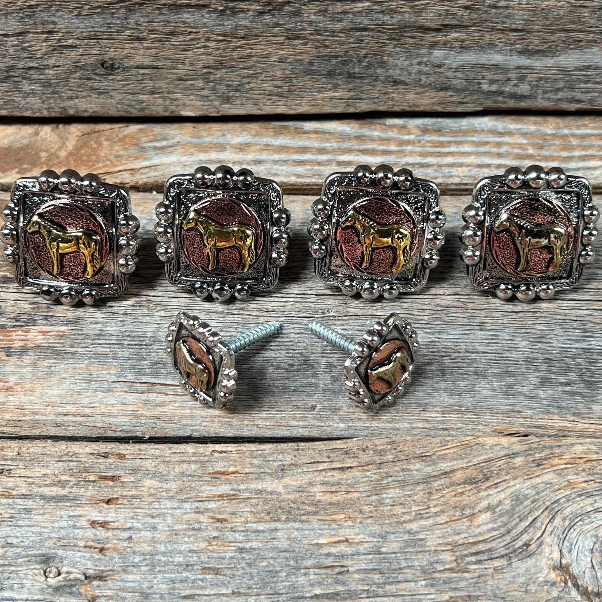 Antique Silver Square Concho with Gold Horse Saddle Set SSW186