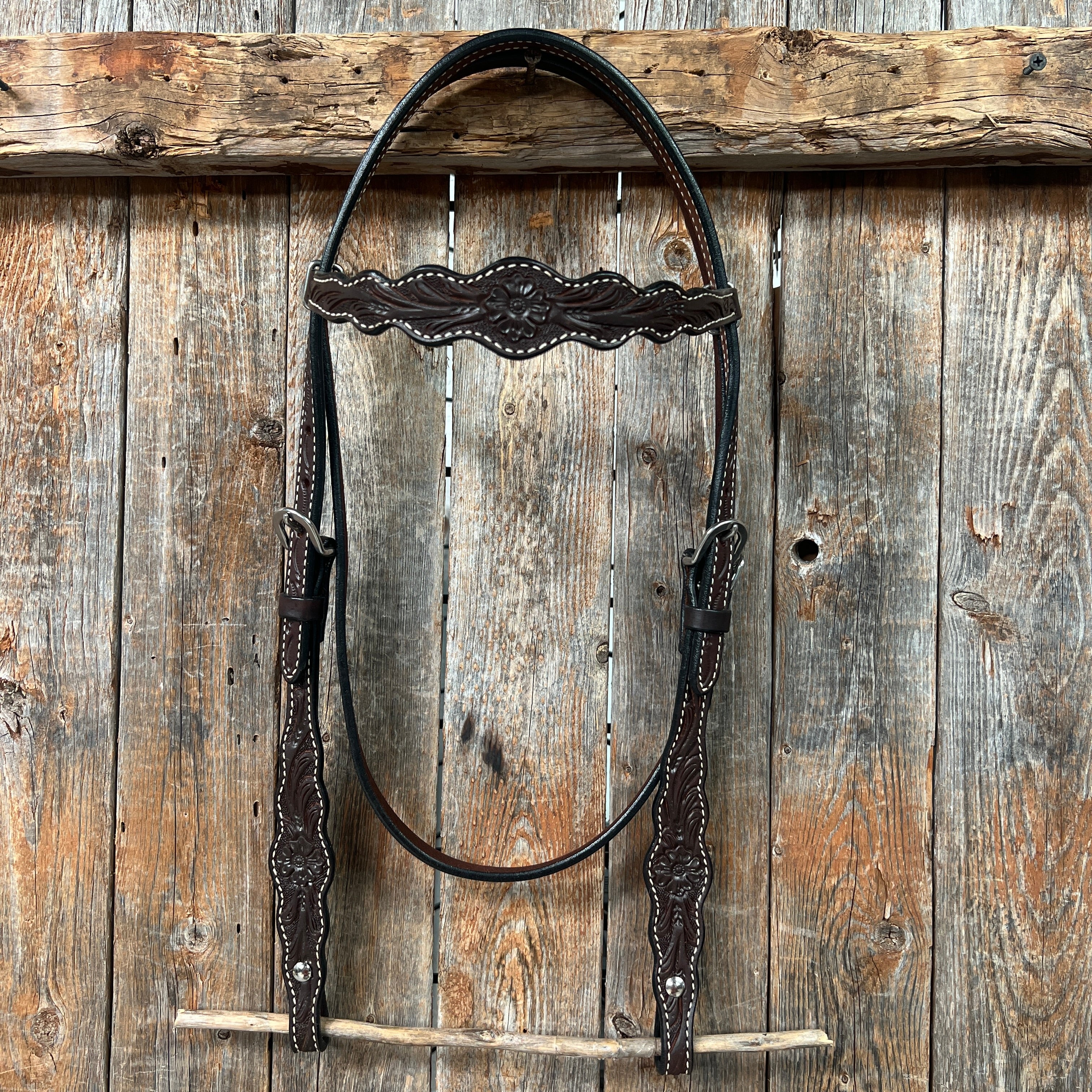 Floral Scalloped Dark Oil Browband Headstall / Bridle