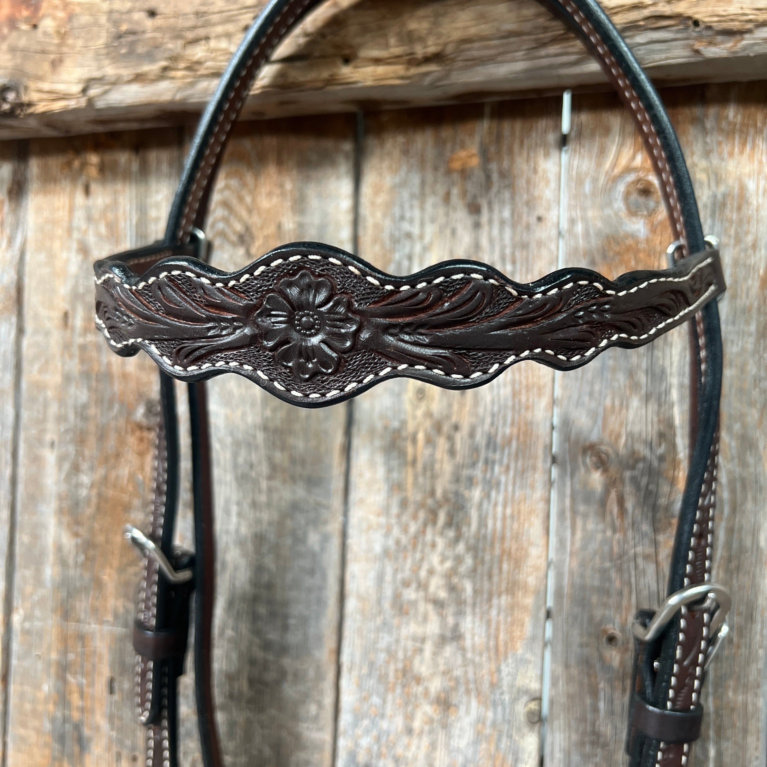 Floral Scalloped Dark Oil Browband Headstall / Bridle