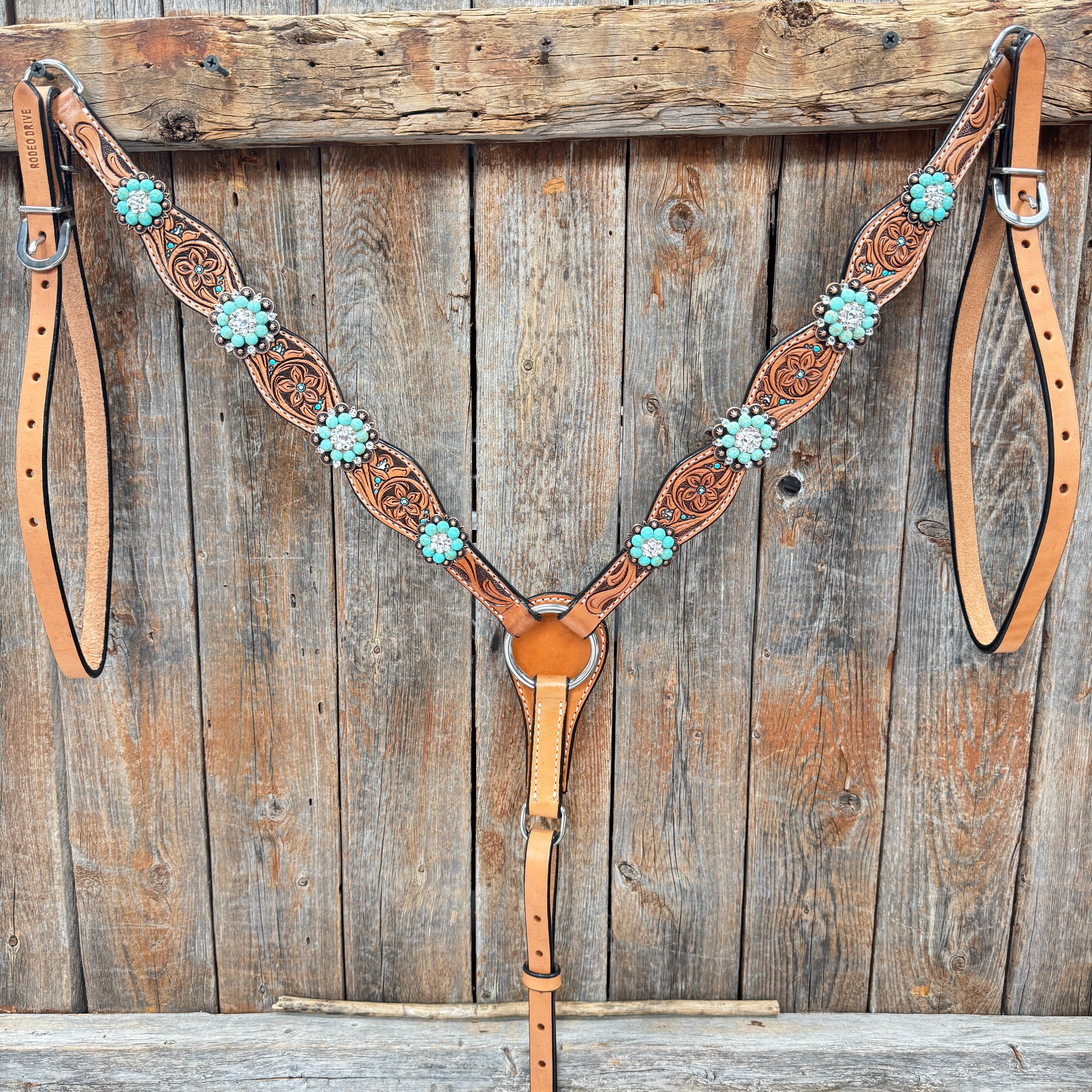 Floral Teal Dot Turquoise - Clear Browband/One Ear Headstall - Breastcollar Tack Set #BBBC669