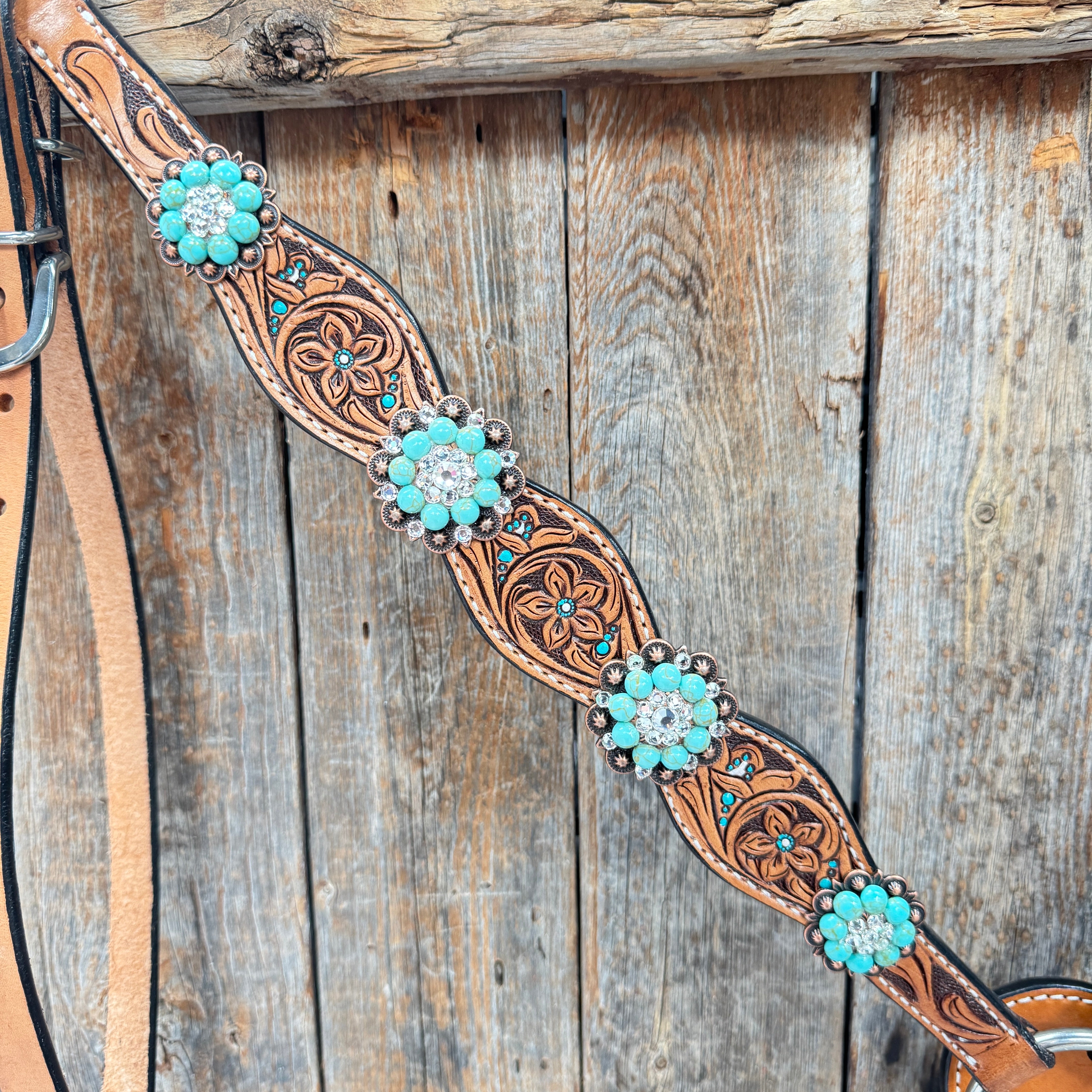 Floral Teal Dot Turquoise - Clear Browband/One Ear Headstall - Breastcollar Tack Set #BBBC669
