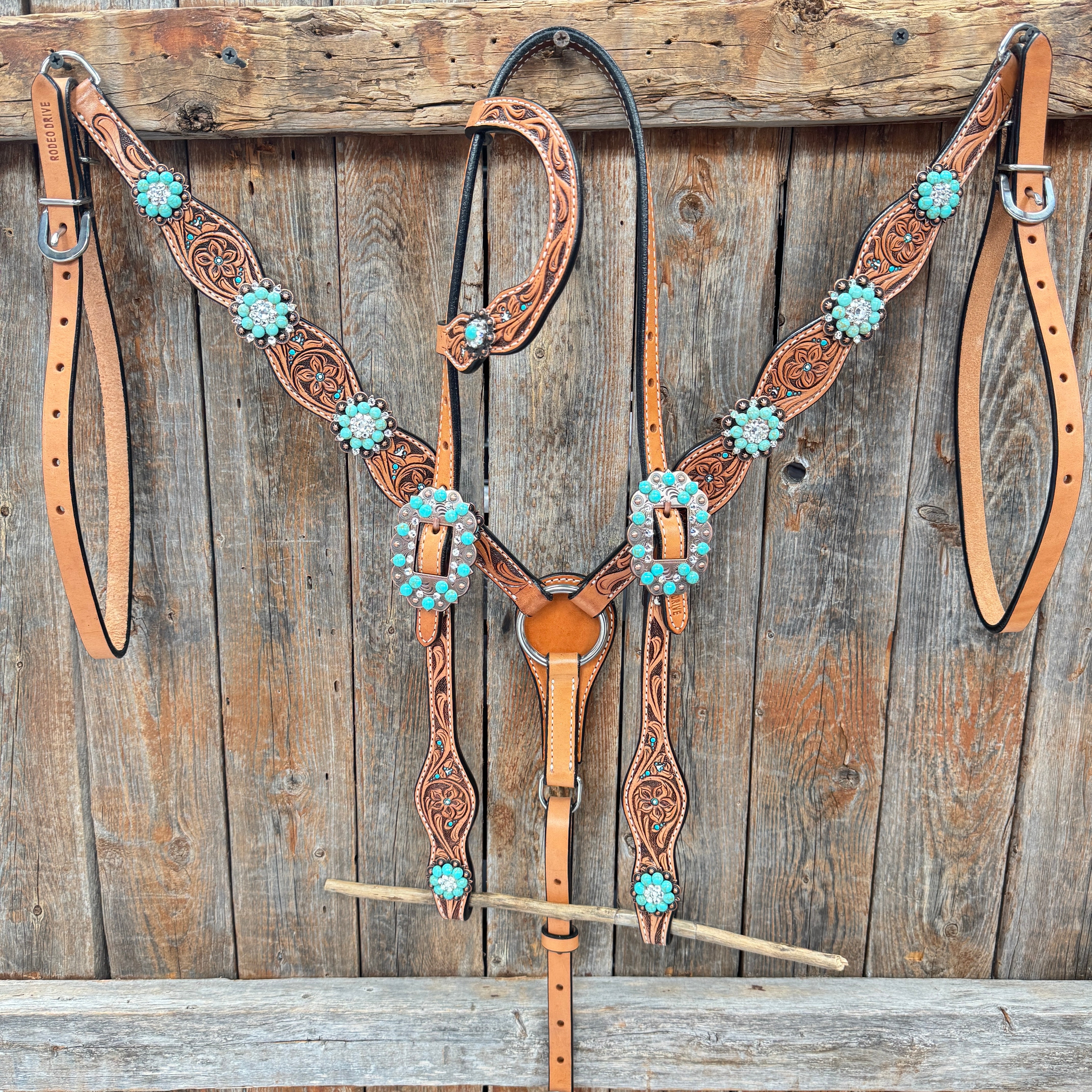 Floral Teal Dot Turquoise - Clear Browband/One Ear Headstall - Breastcollar Tack Set #BBBC669