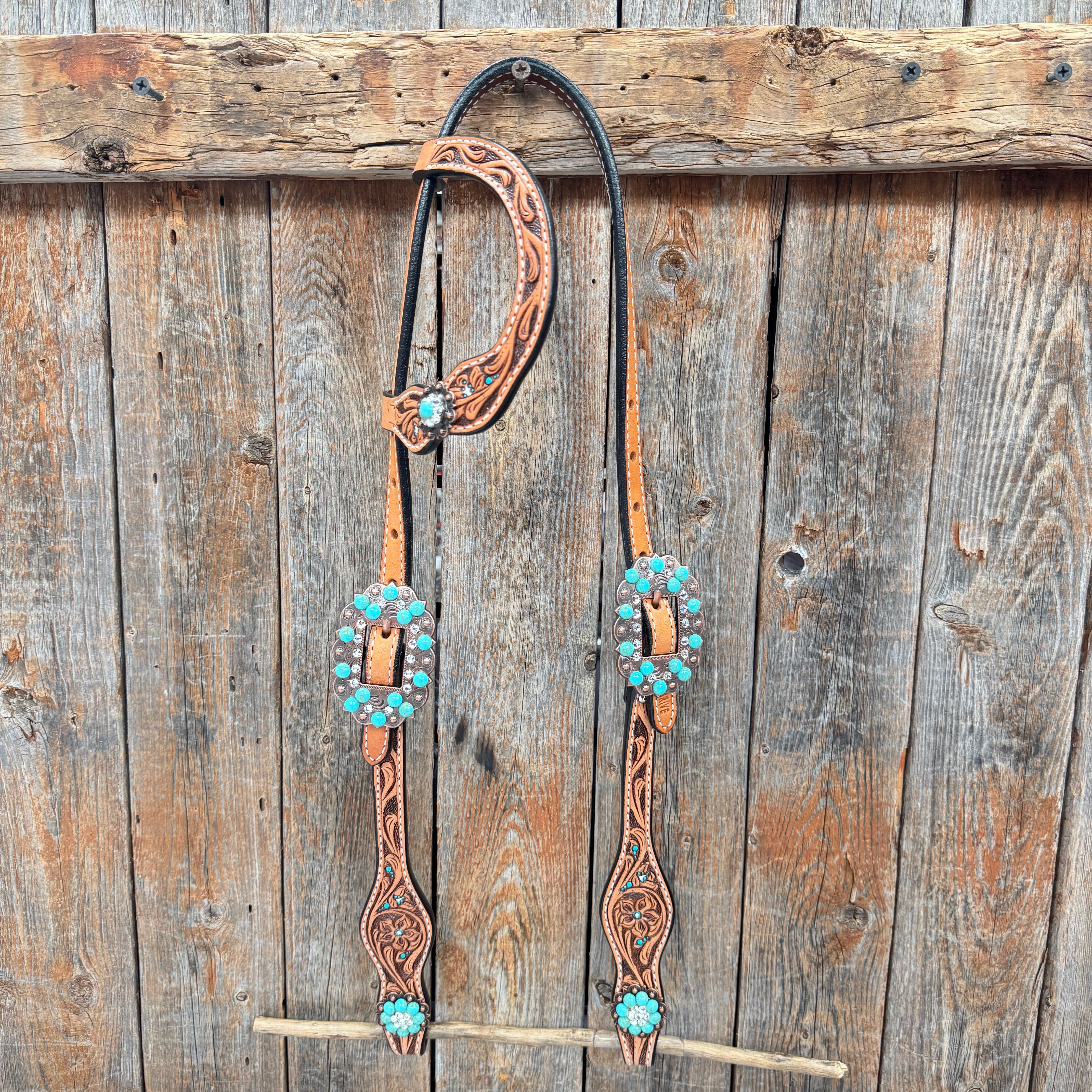 Floral Teal Dot Turquoise - Clear Browband/One Ear Headstall - Breastcollar Tack Set #BBBC669