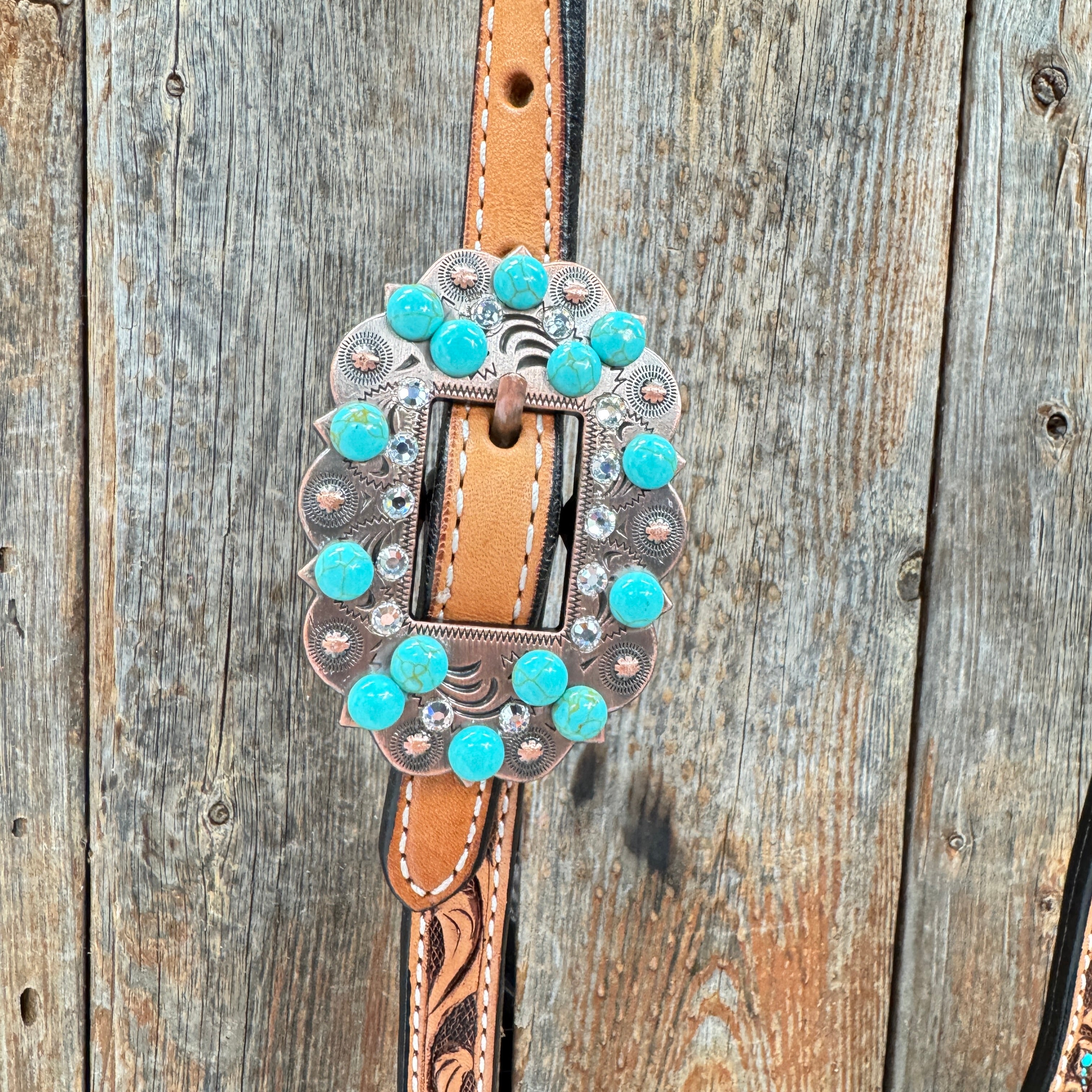 Floral Teal Dot Turquoise - Clear Browband/One Ear Headstall - Breastcollar Tack Set #BBBC669