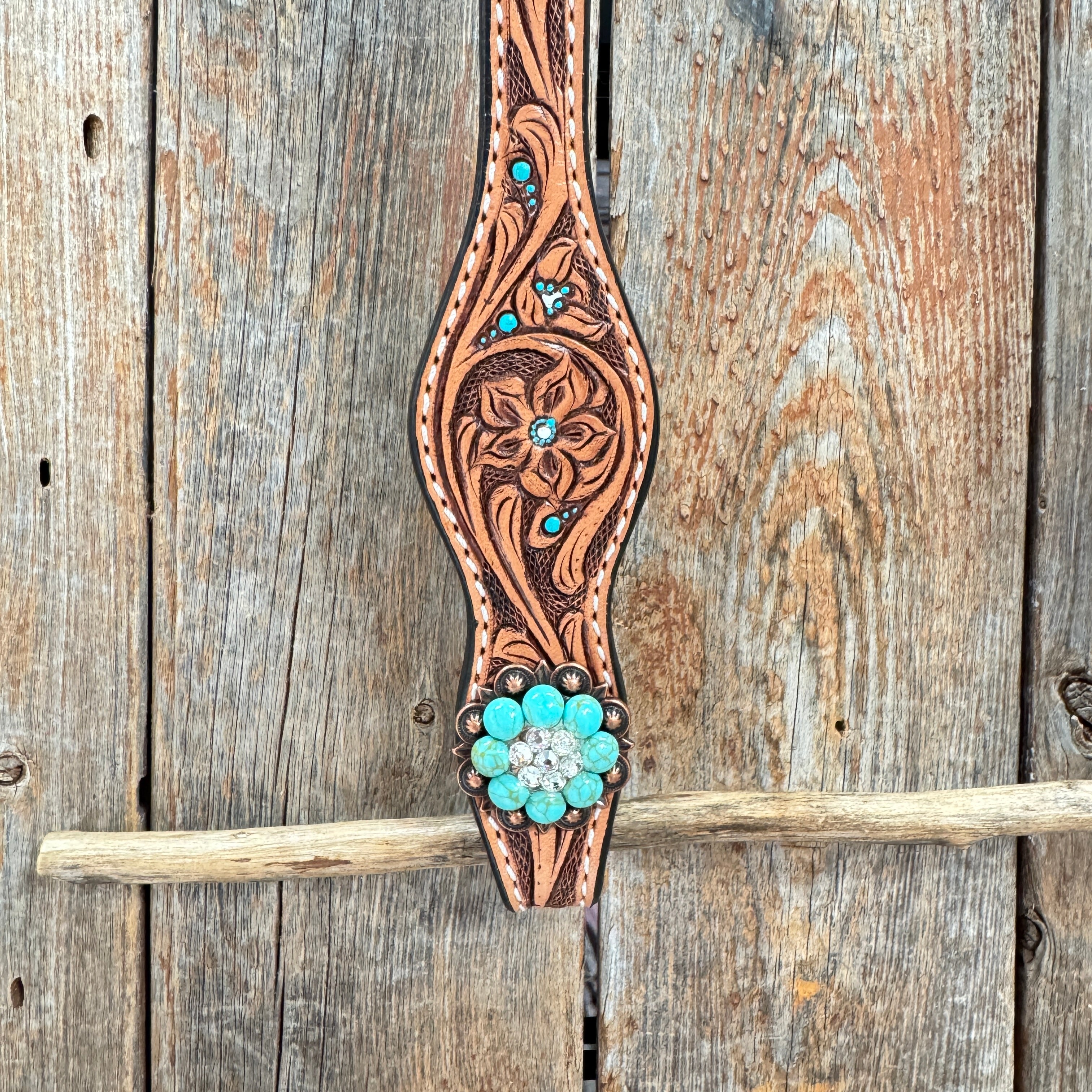 Floral Teal Dot Turquoise - Clear Browband/One Ear Headstall - Breastcollar Tack Set #BBBC669