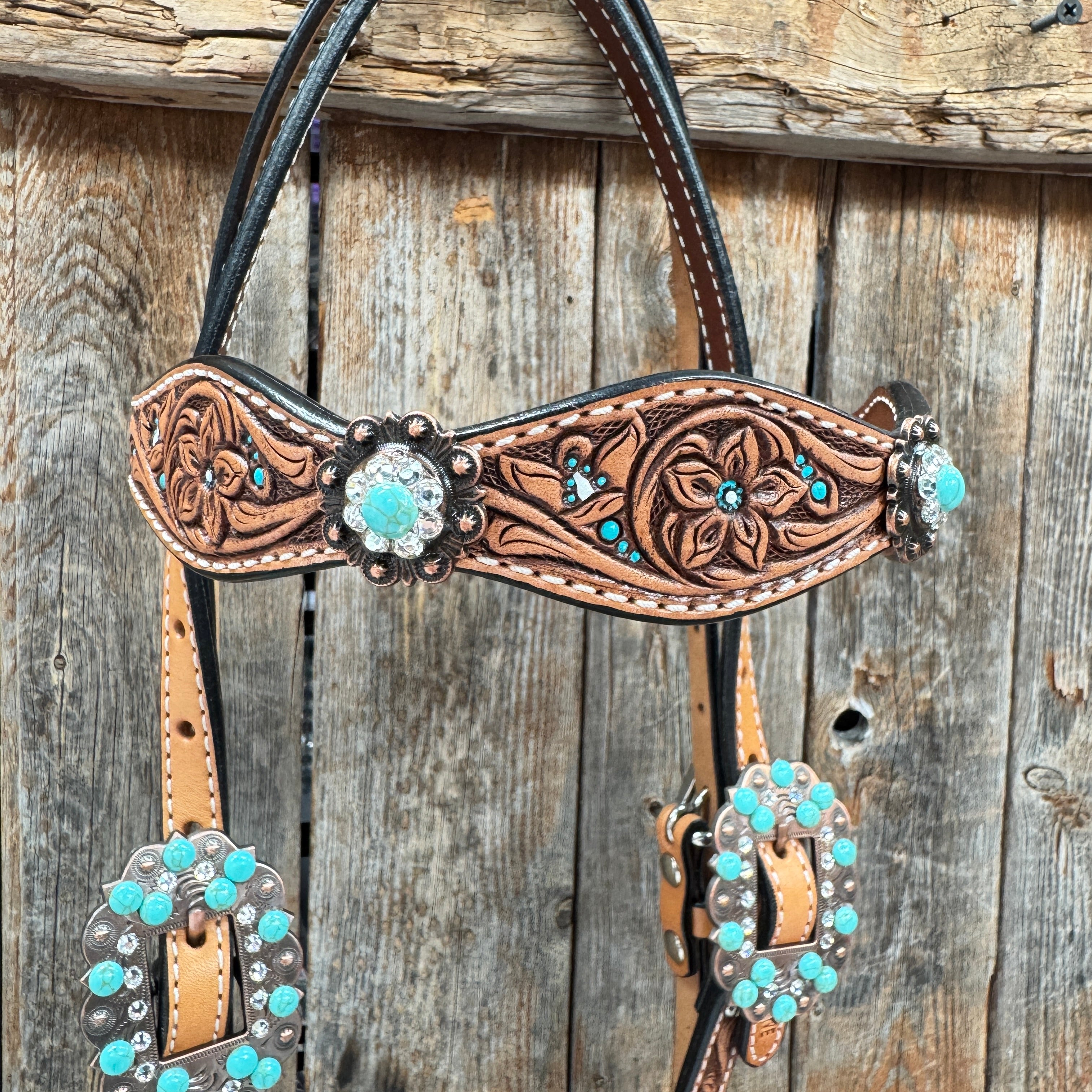Floral Teal Dot Turquoise - Clear Browband/One Ear Headstall - Breastcollar Tack Set #BBBC669