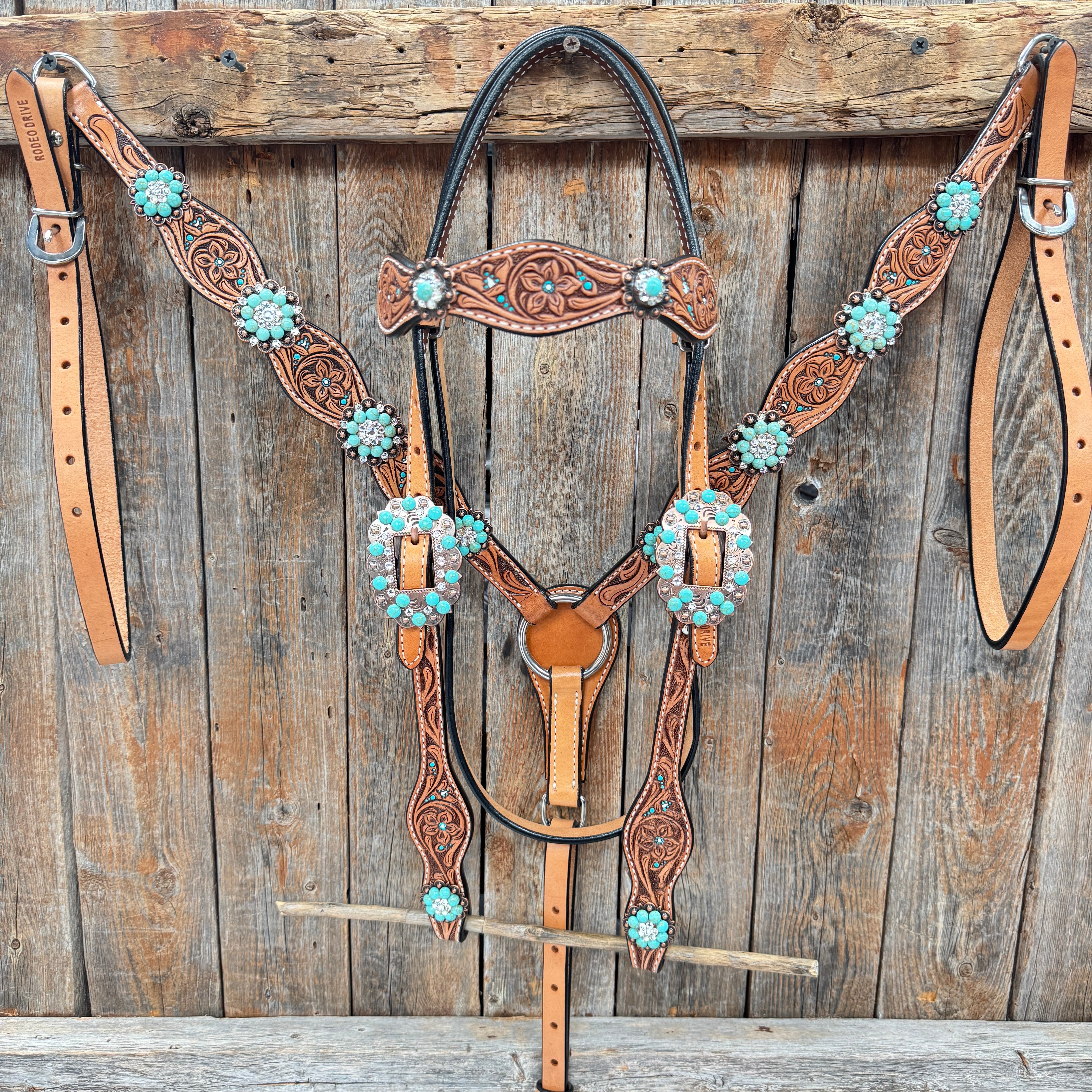 Floral Teal Dot Turquoise - Clear Browband/One Ear Headstall - Breastcollar Tack Set #BBBC669