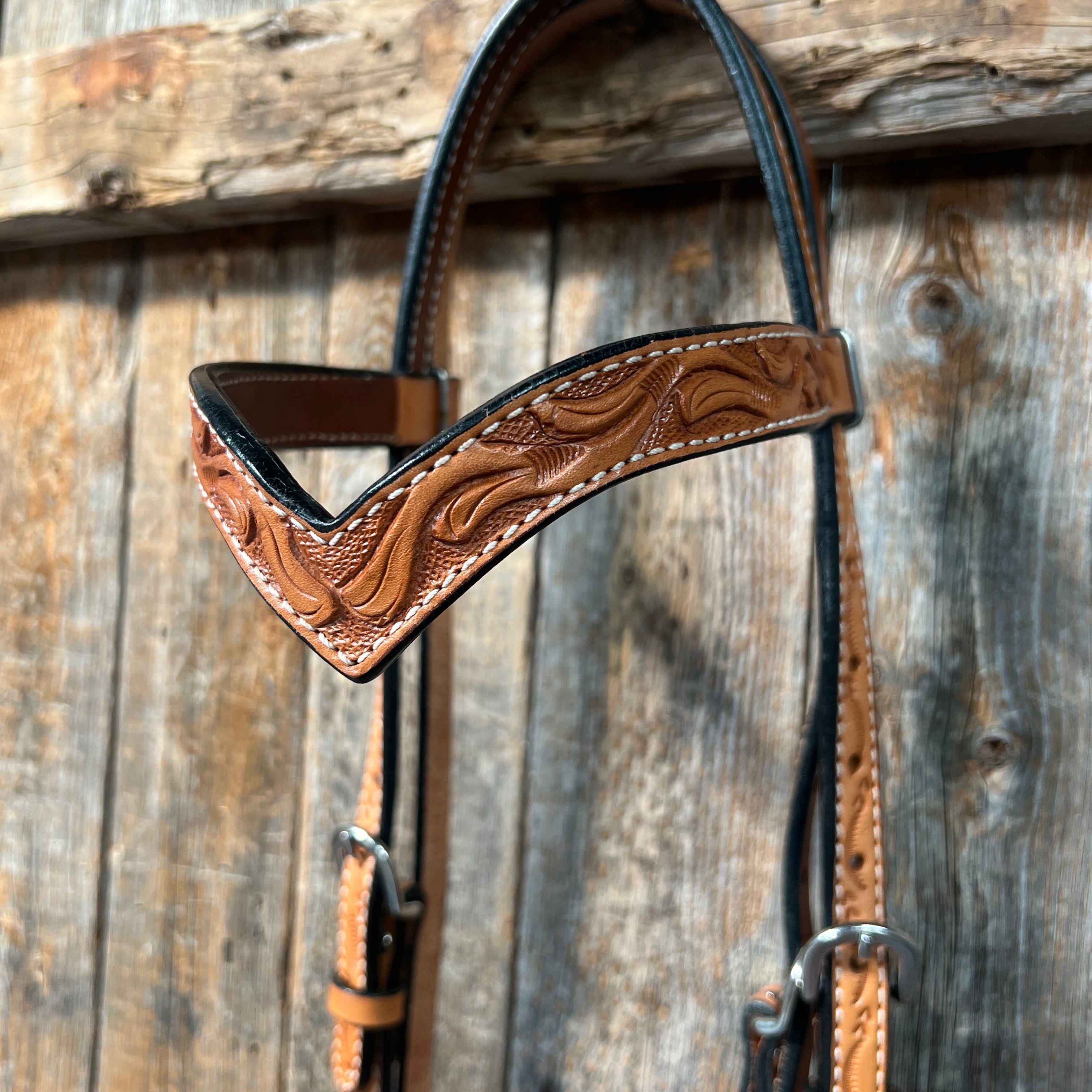 Floral V Browband Light Oil Headstall / Bridle