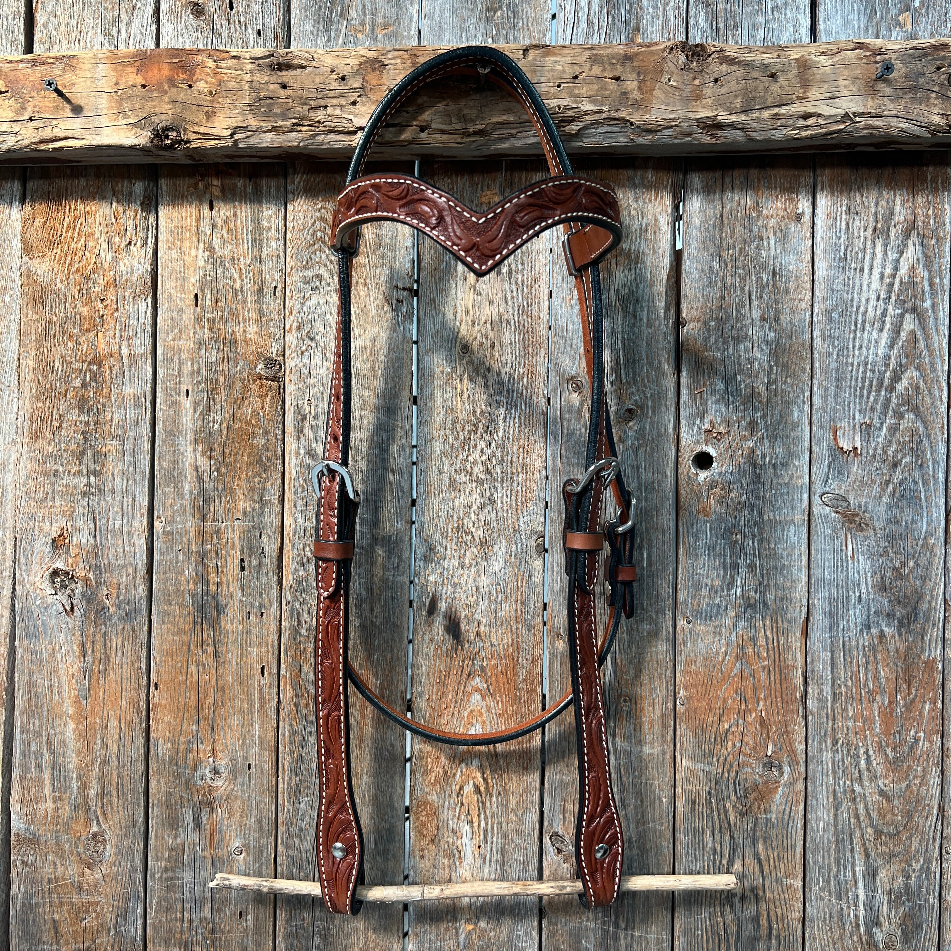 Floral V Browband Medium Oil Headstall / Bridle