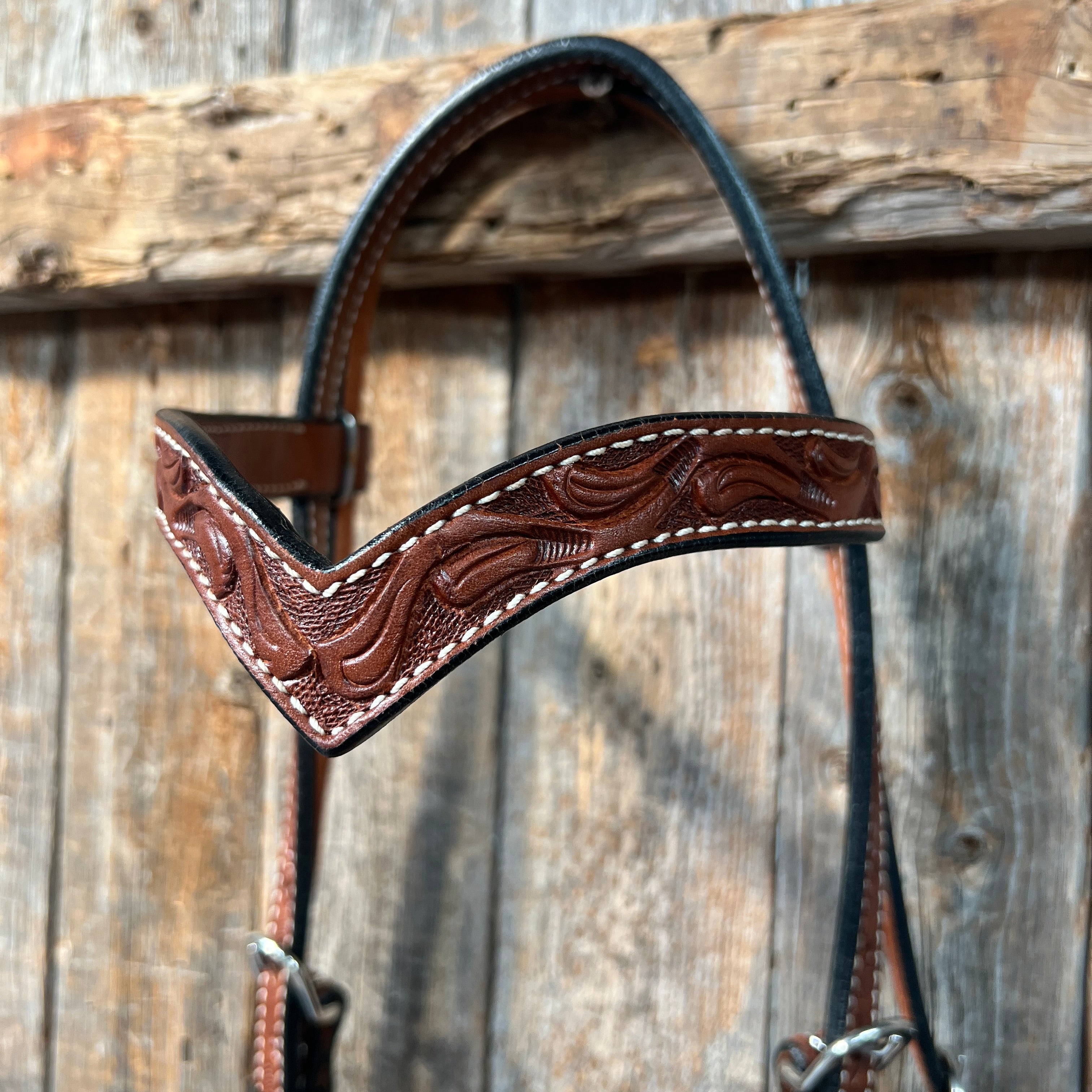 Floral V Browband Medium Oil Headstall / Bridle