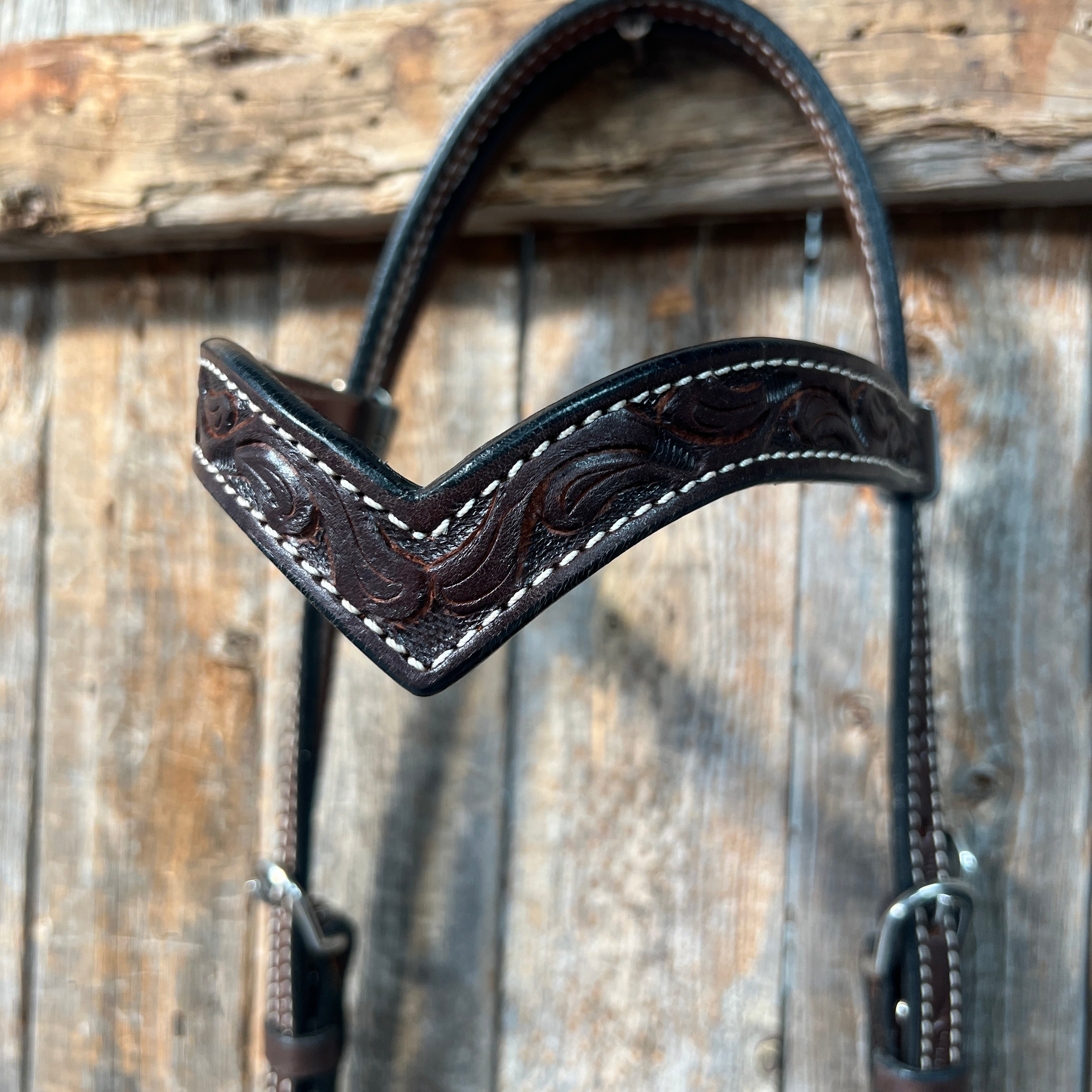 Floral V Browband Dark Oil Headstall / Bridle