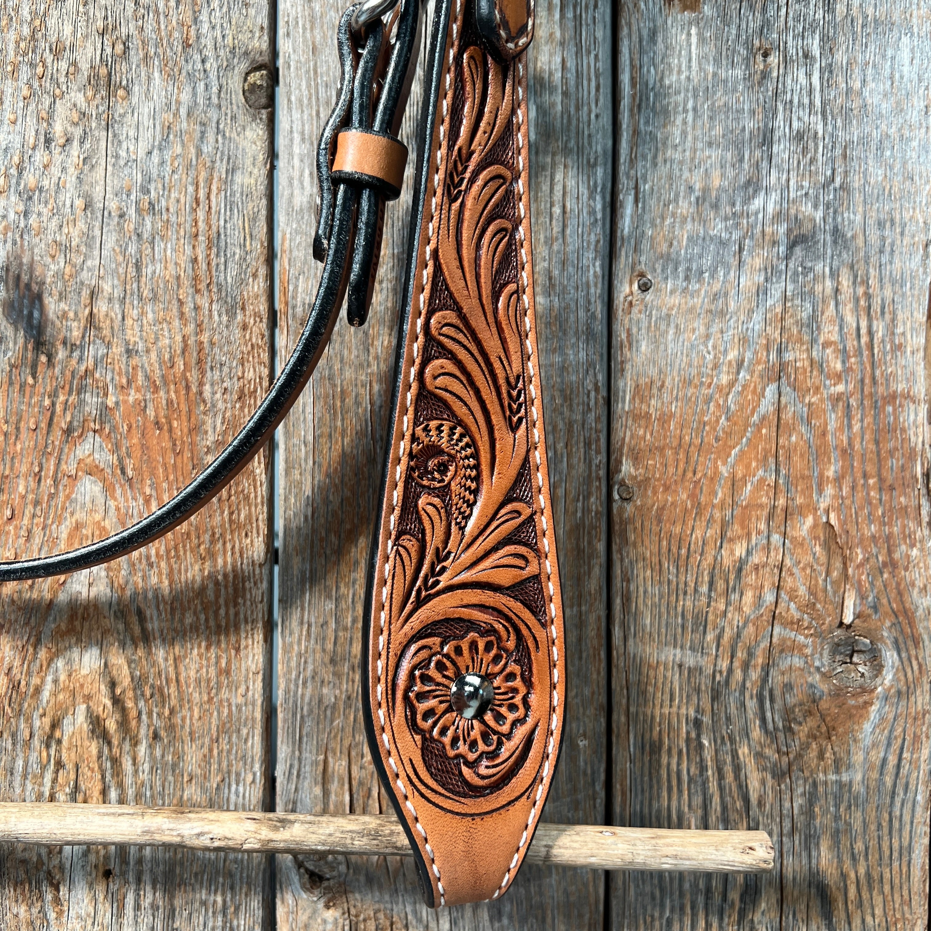 Light Oil Floral Tooled Buckaroo Style Browband Headstall / Bridle