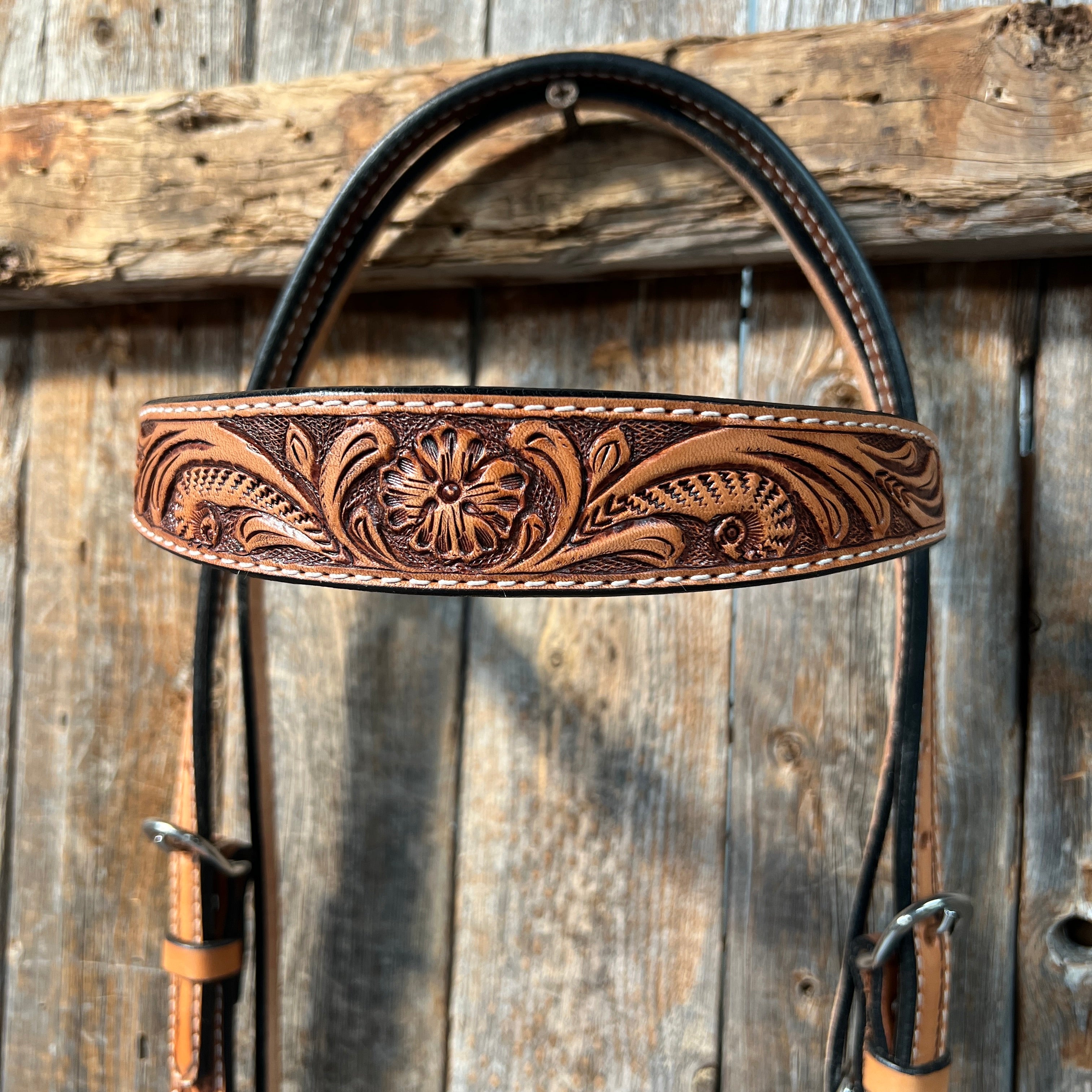 Light Oil Floral Tooled Buckaroo Style Browband Headstall / Bridle