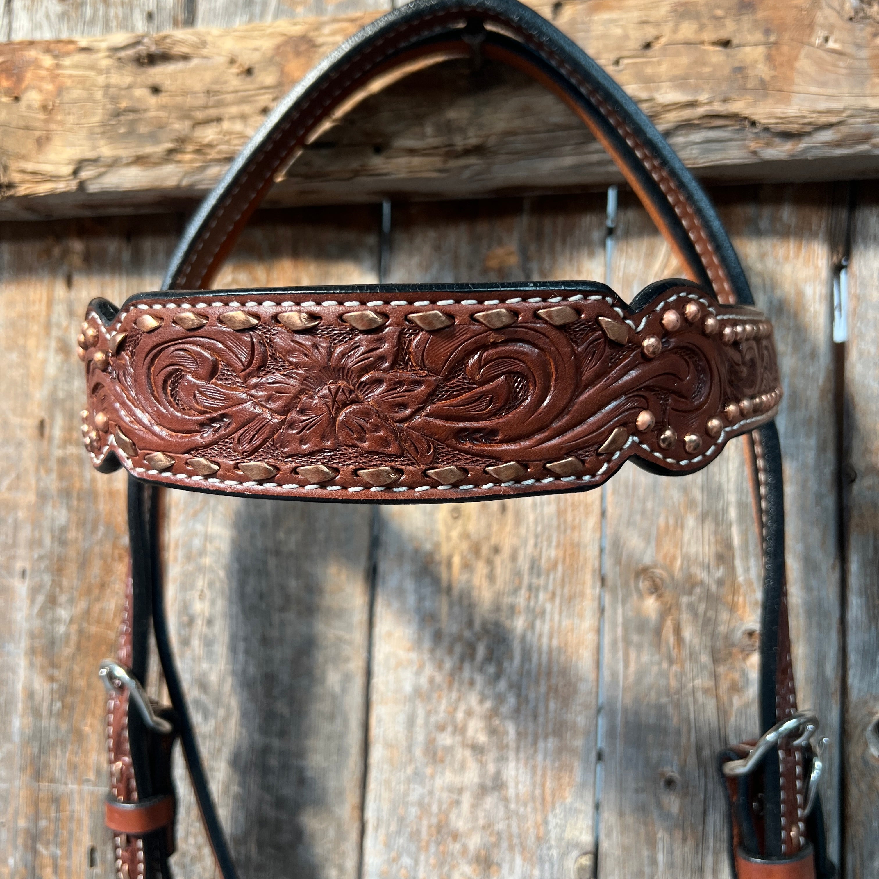 Medium Oil Floral Tooled Copper Buckstitching &  Dots Browband Headstall / Bridle
