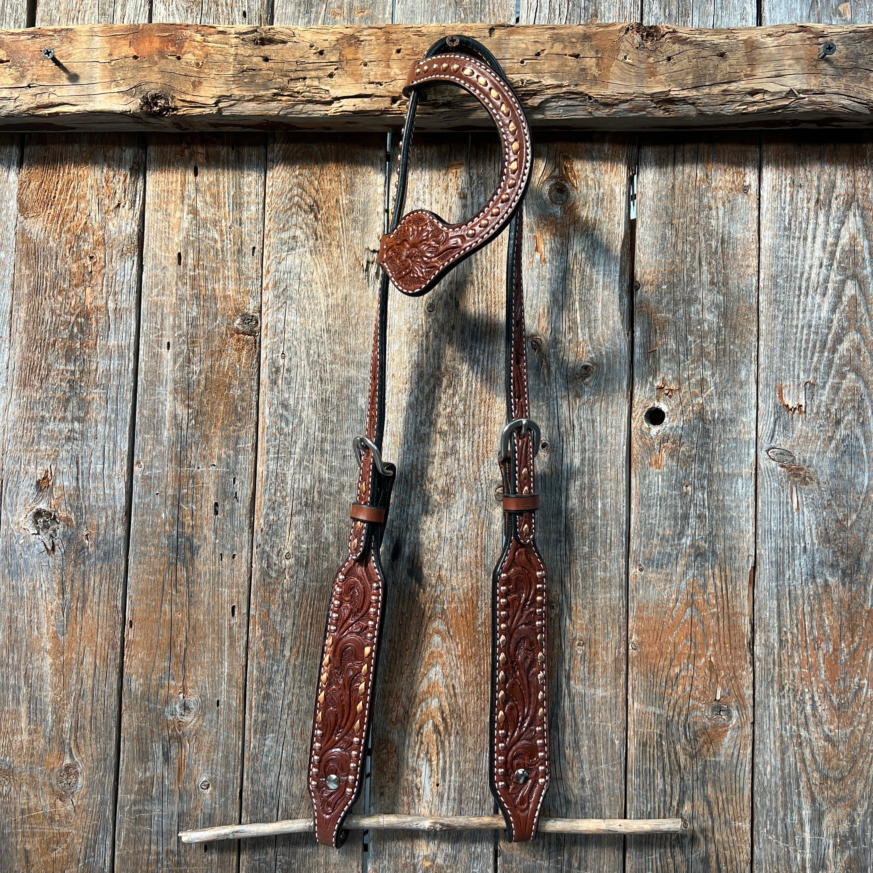 Medium Oil Floral Tooled Copper Buckstitching &  Dots One Ear Headstall / Bridle
