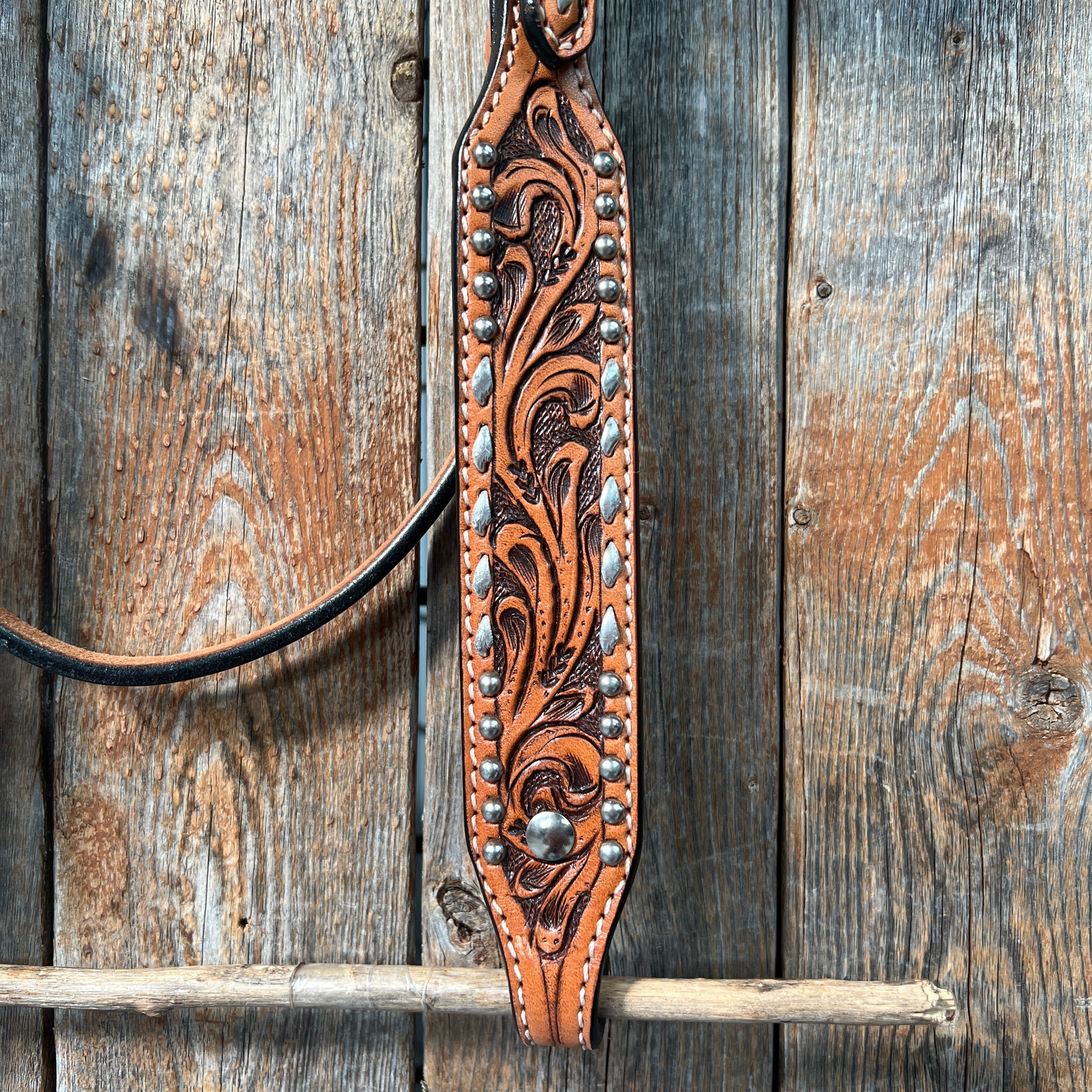 Light Oil Floral Tooled Silver Buckstitching & Dots Browband Headstall / Bridle