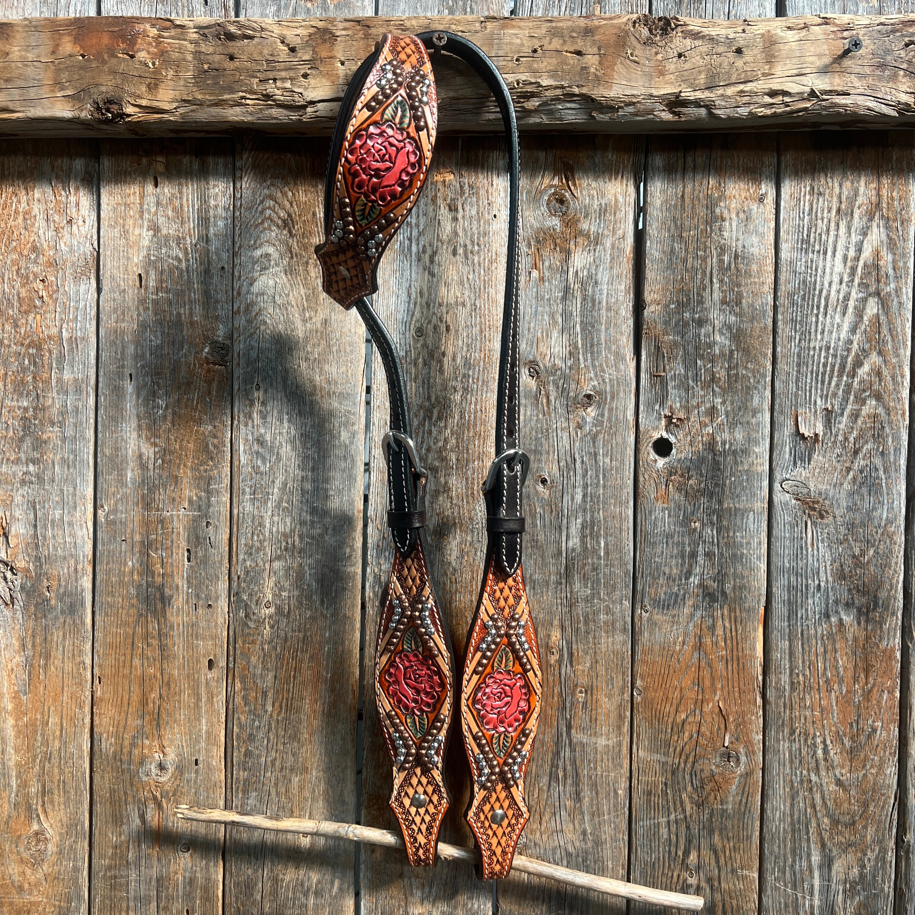 Light Oil Hand Painted Rose One Ear Headstall / Bridle #FK124