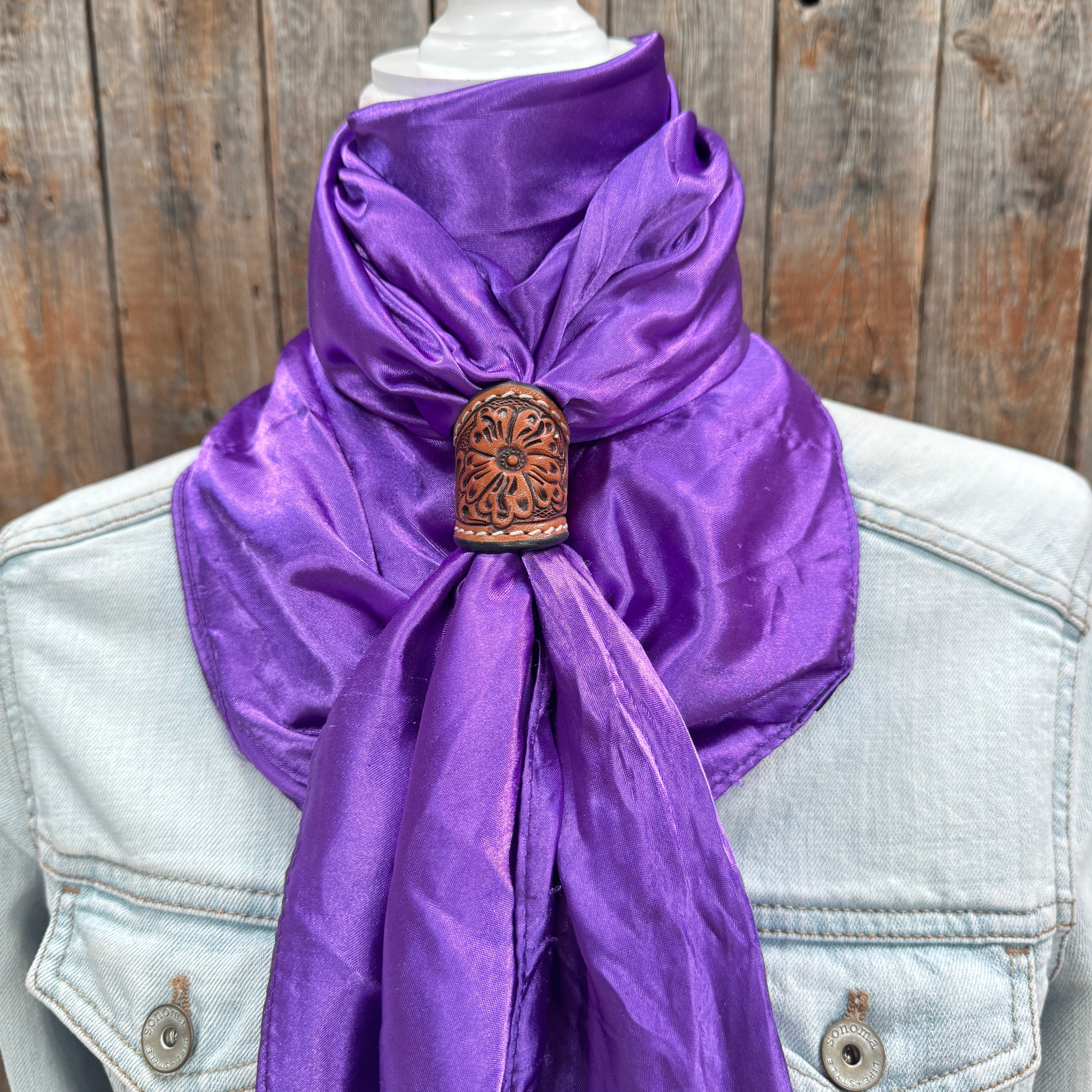 35X35" Solid Purple Wild Rag / Scarf WRS1 - Tooled Leather Wild Rag Slides - Assorted