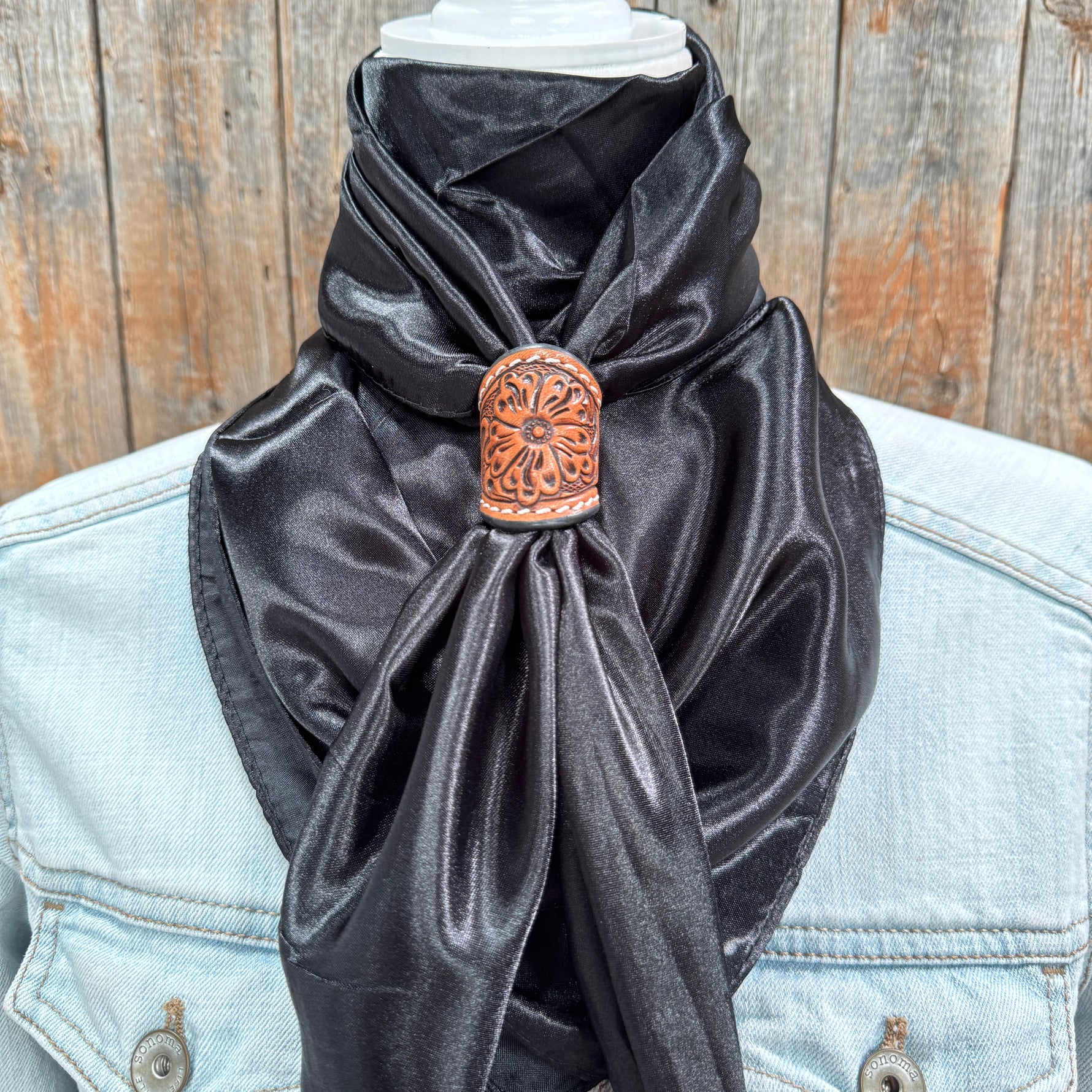 35X35" Solid Black Wild Rag / Scarf WRS4 - Tooled Leather Wild Rag Slides - Assorted