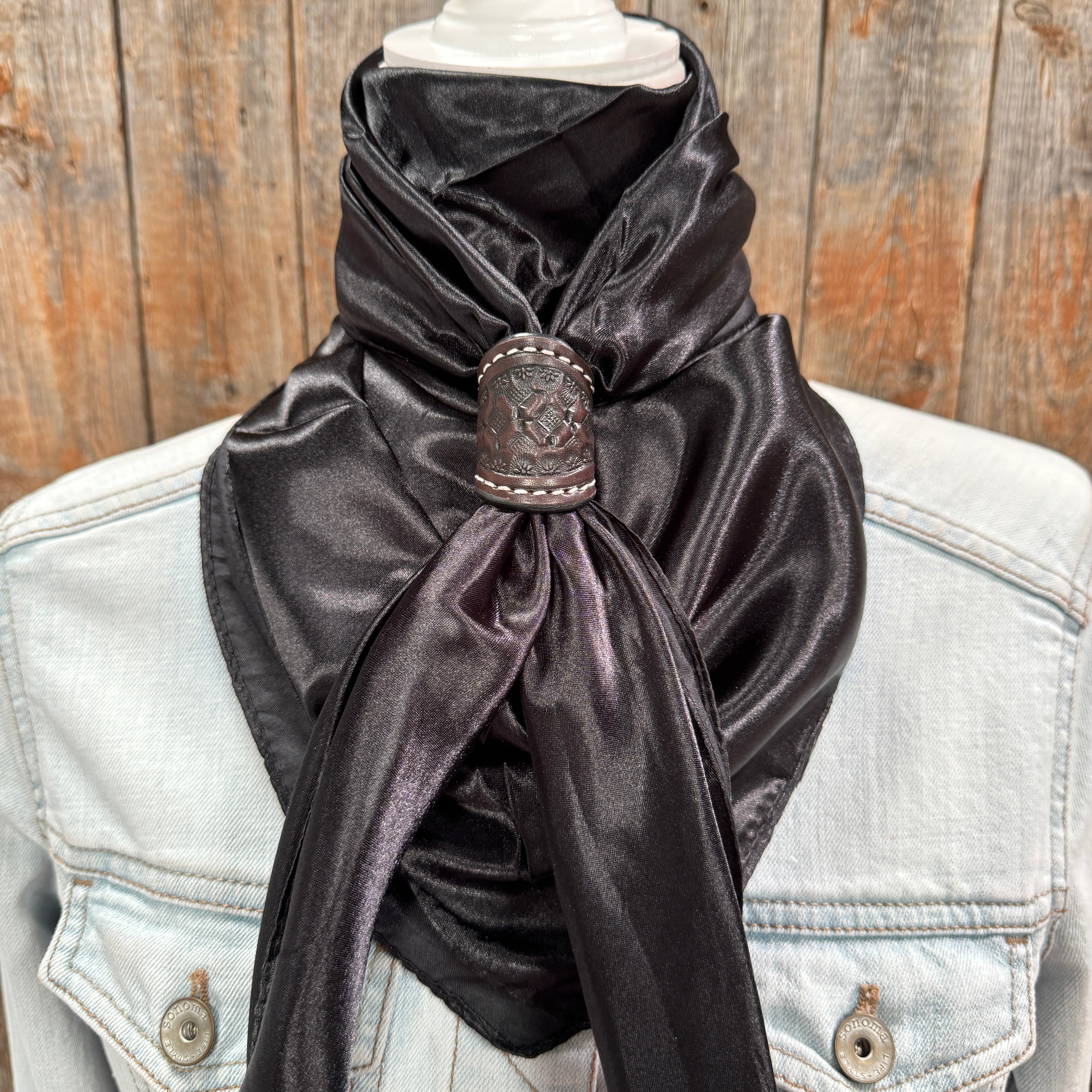 35X35" Solid Black Wild Rag / Scarf WRS4 - Tooled Leather Wild Rag Slides - Assorted