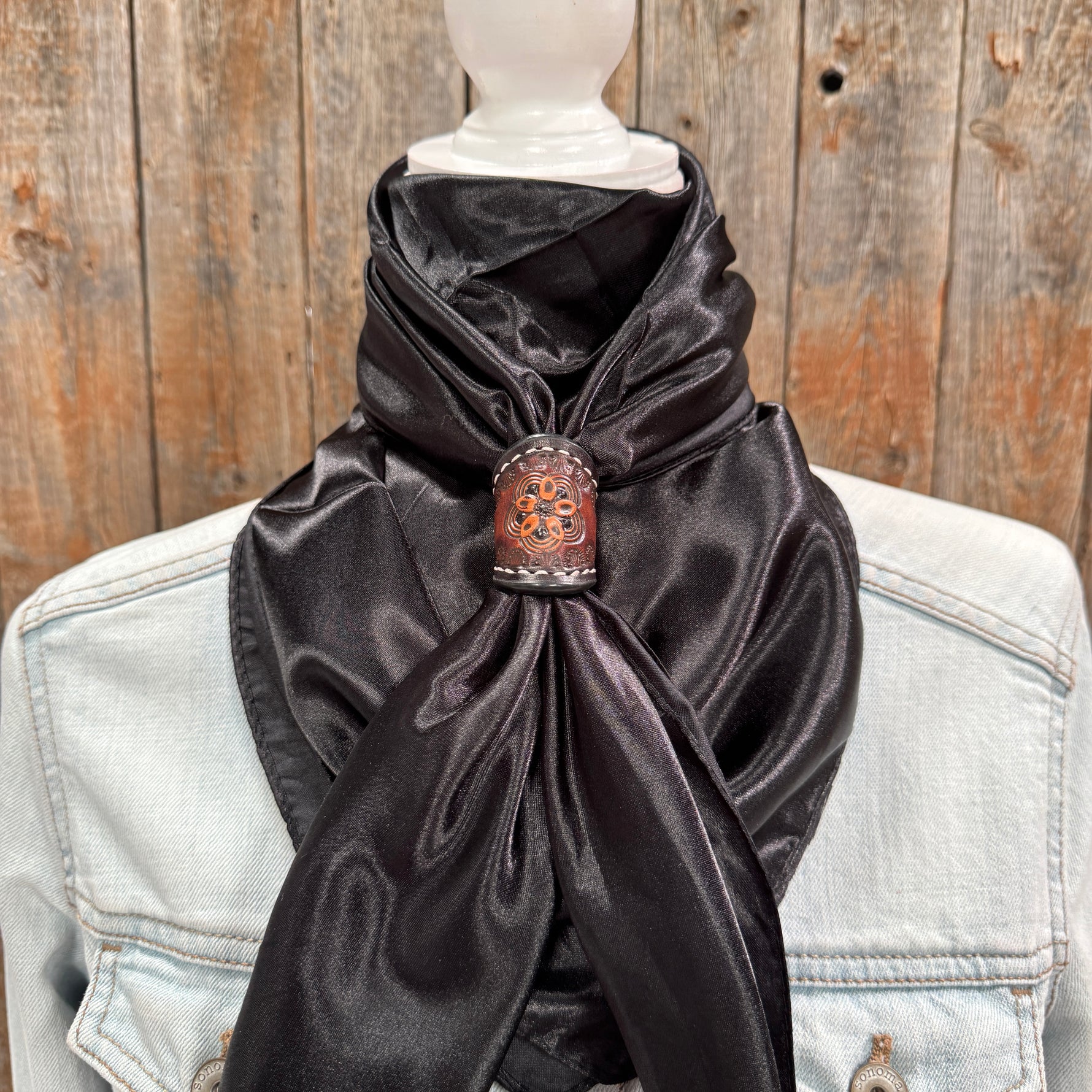 35X35" Solid Black Wild Rag / Scarf WRS4 - Tooled Leather Wild Rag Slides - Assorted