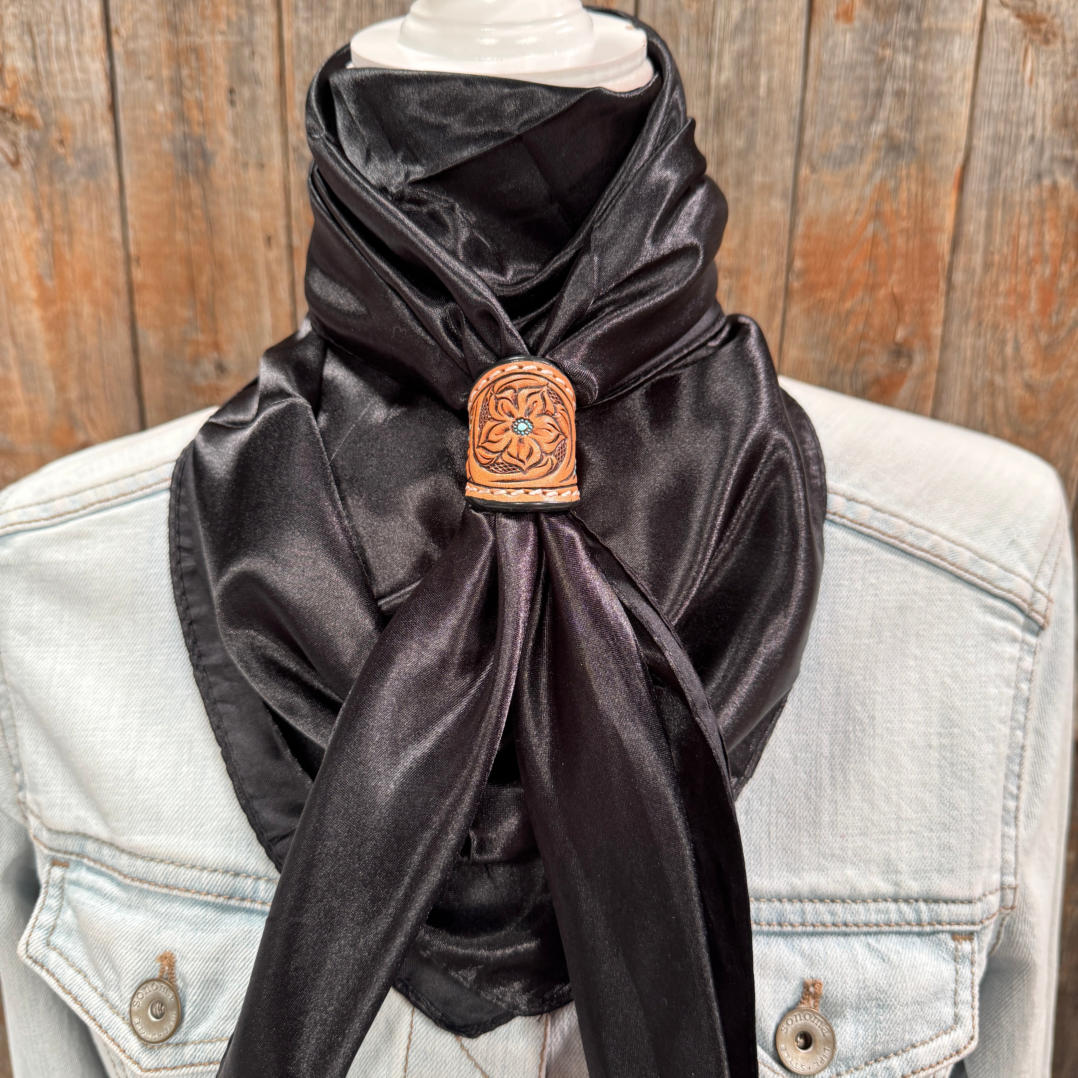 35X35" Solid Black Wild Rag / Scarf WRS4 - Tooled Leather Wild Rag Slides - Assorted