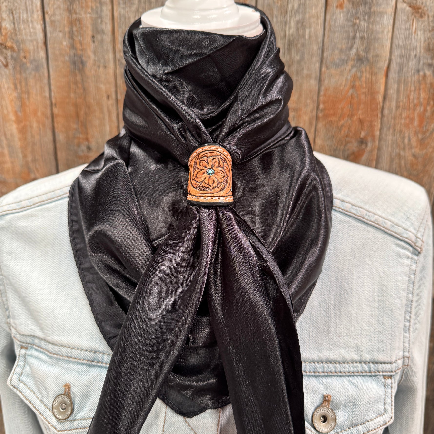 35X35" Solid Black Wild Rag / Scarf WRS4 - Tooled Leather Wild Rag Slides - Assorted