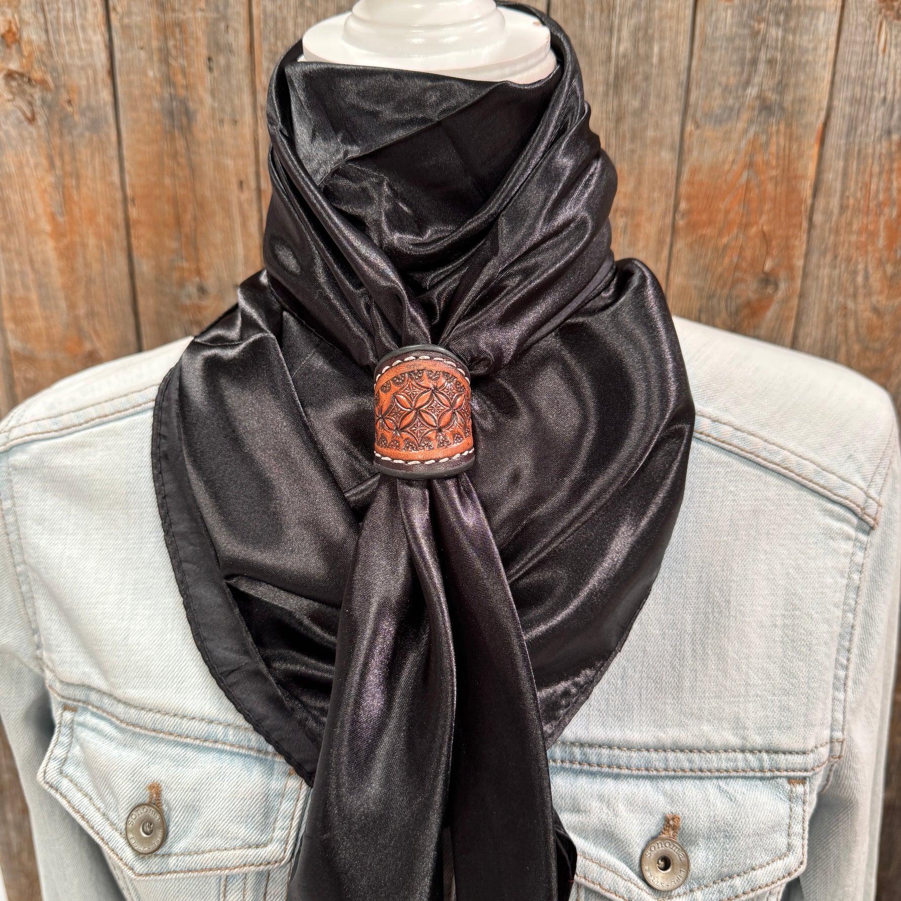 35X35" Solid Black Wild Rag / Scarf WRS4 - Tooled Leather Wild Rag Slides - Assorted