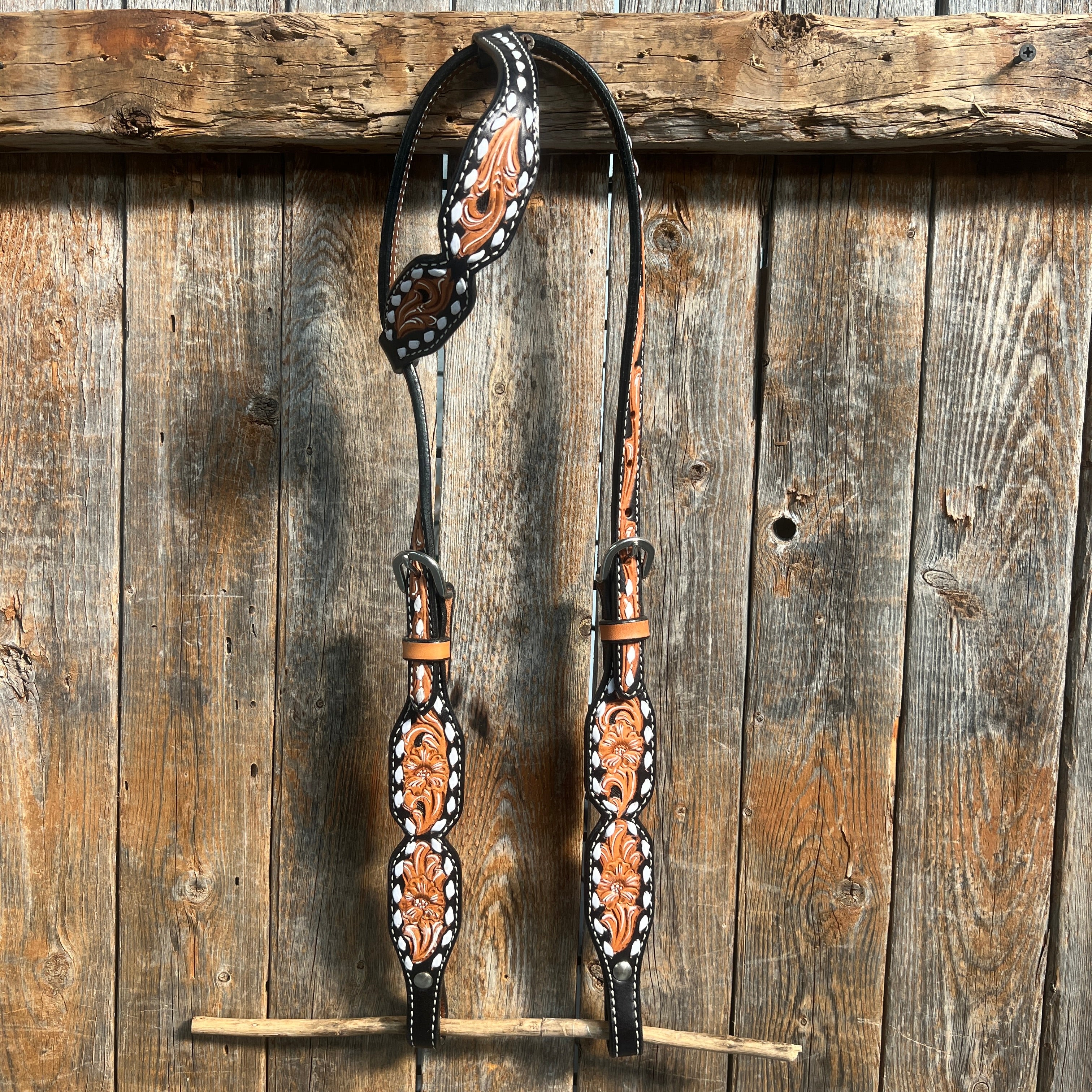 Floral Tooled Buckstitch One Ear Headstall / Bridle