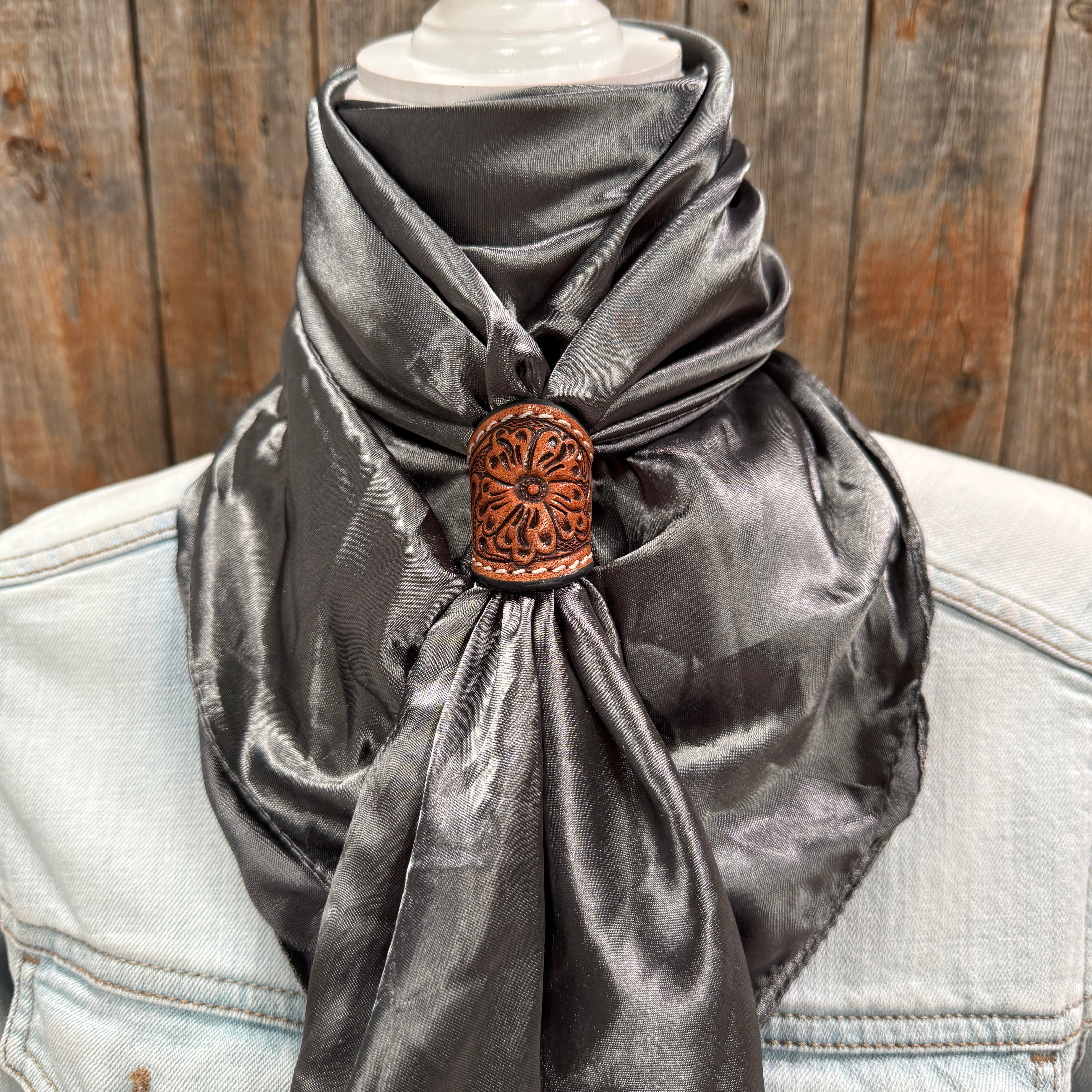 35X35" Solid Silver Wild Rag / Scarf WRS15 - Tooled Leather Wild Rag Slides - Assorted