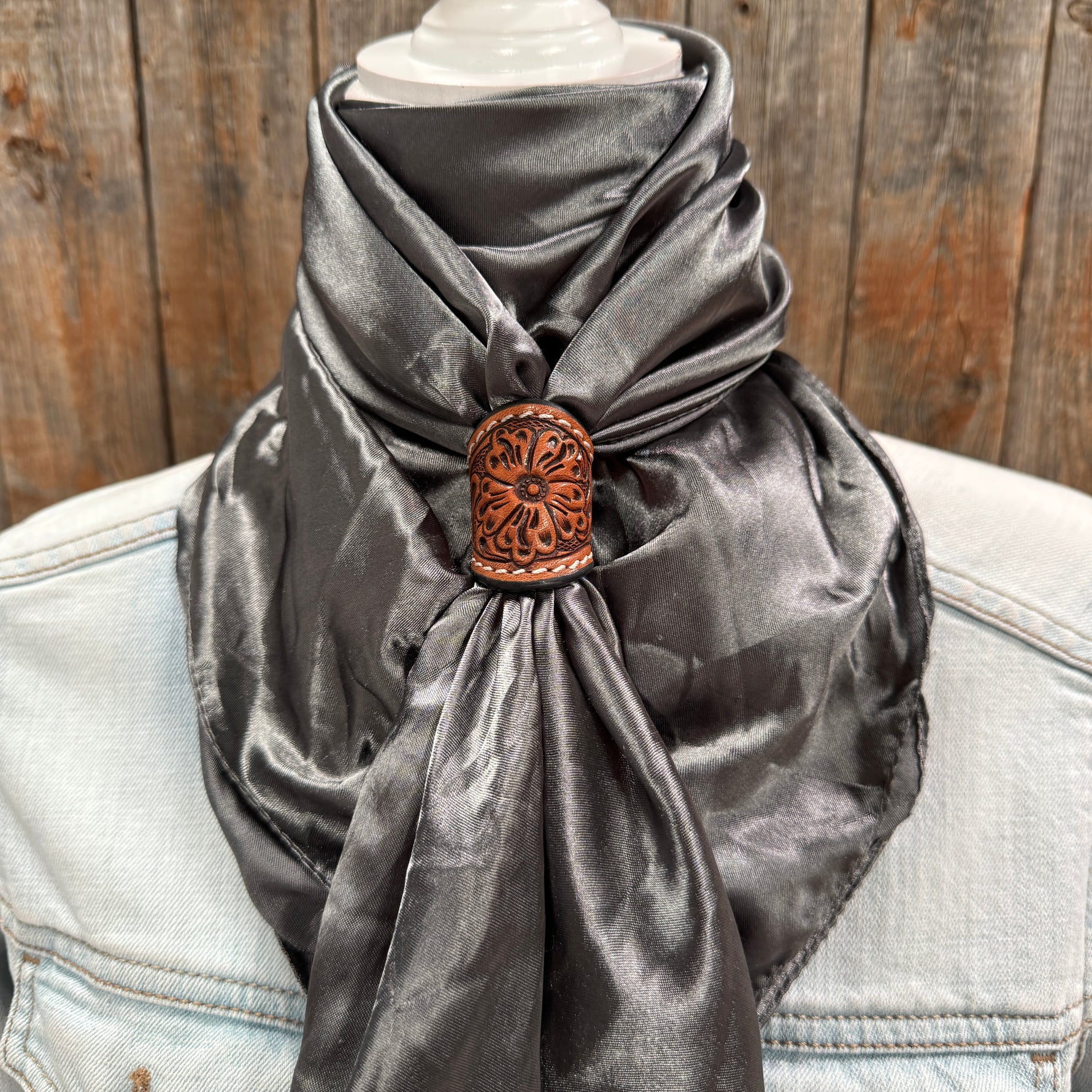 35X35" Solid Silver Wild Rag / Scarf WRS15 - Tooled Leather Wild Rag Slides - Assorted