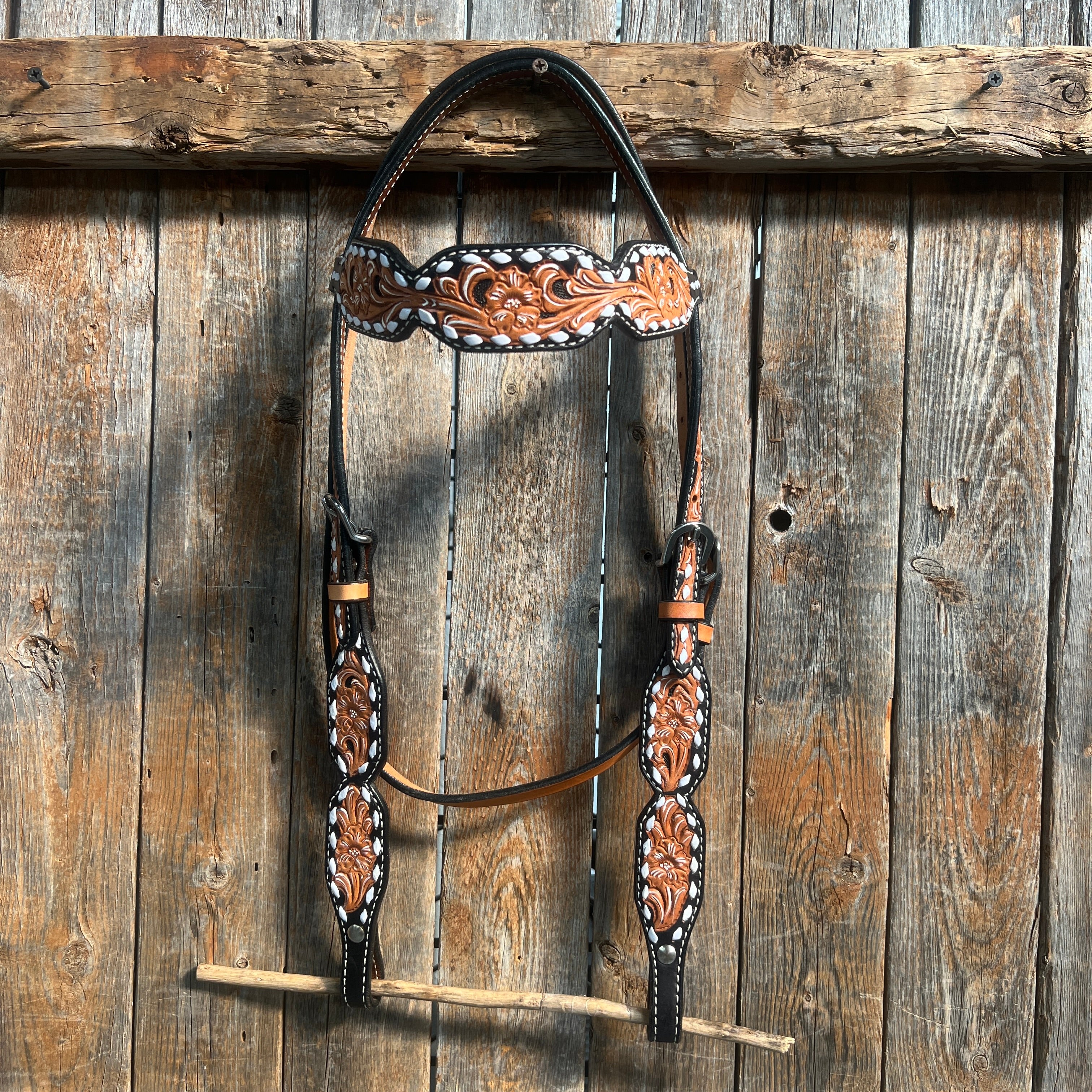 Floral Tooled Buckstitch Browband Headstall / Bridle