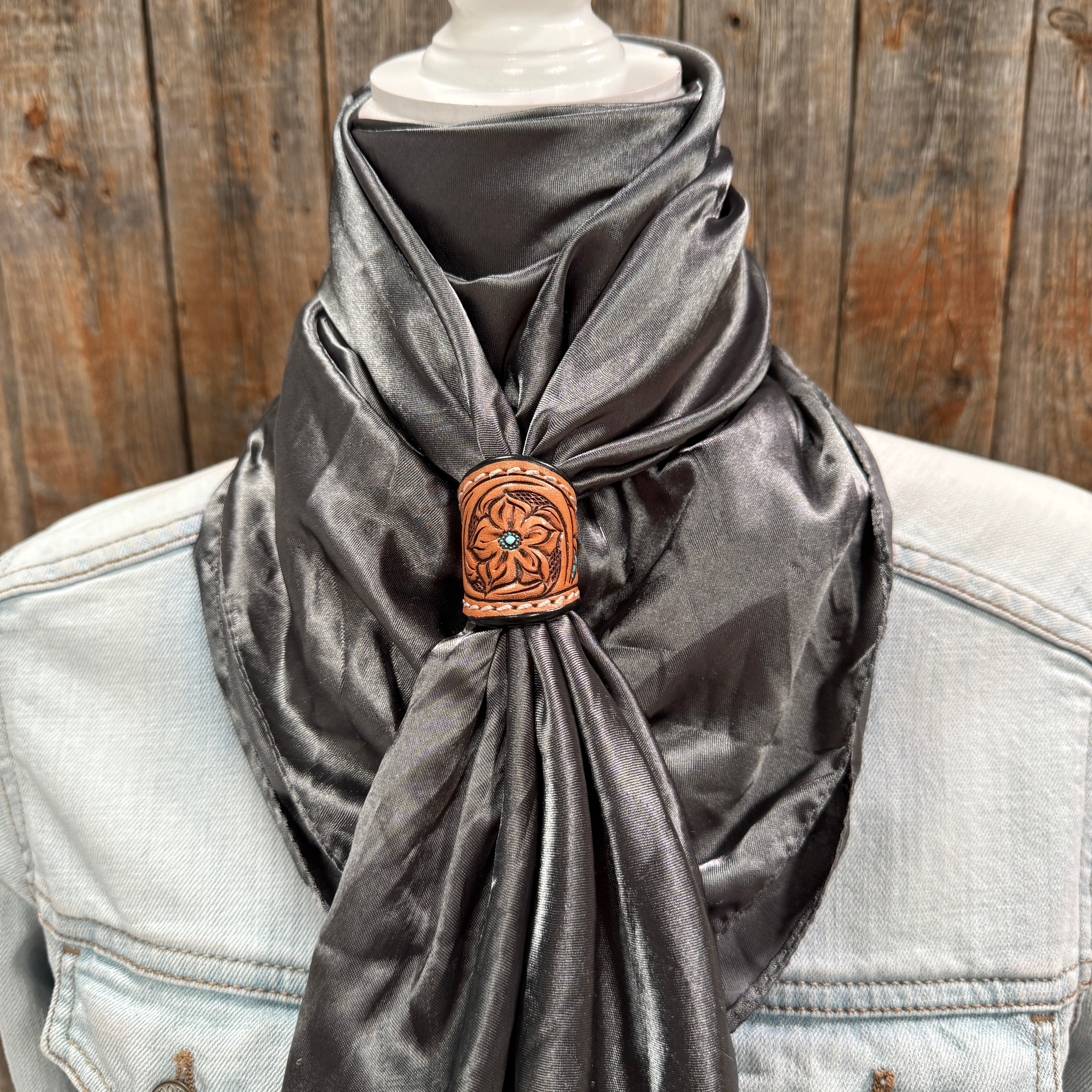 35X35" Solid Silver Wild Rag / Scarf WRS15 - Tooled Leather Wild Rag Slides - Assorted