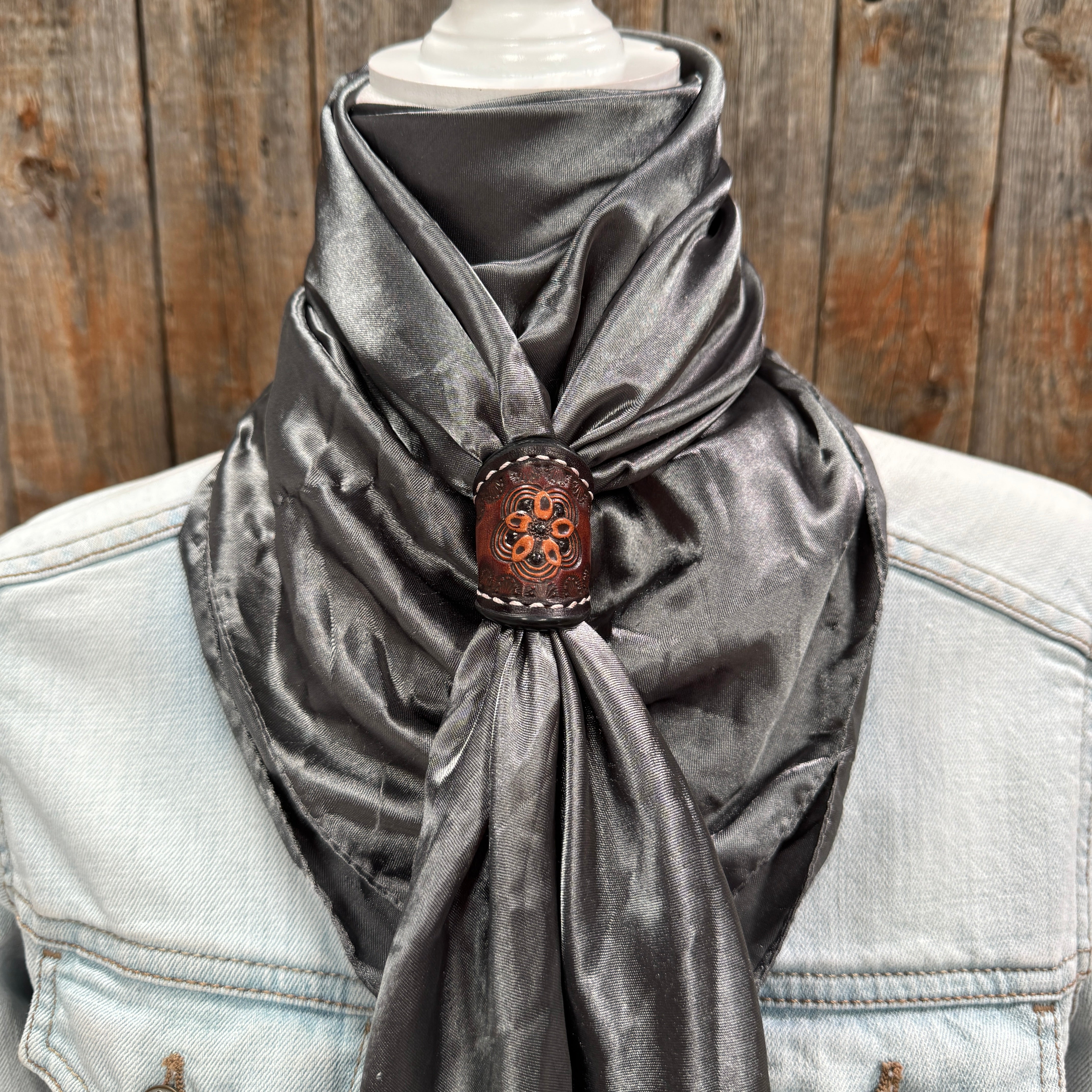 35X35" Solid Silver Wild Rag / Scarf WRS15 - Tooled Leather Wild Rag Slides - Assorted