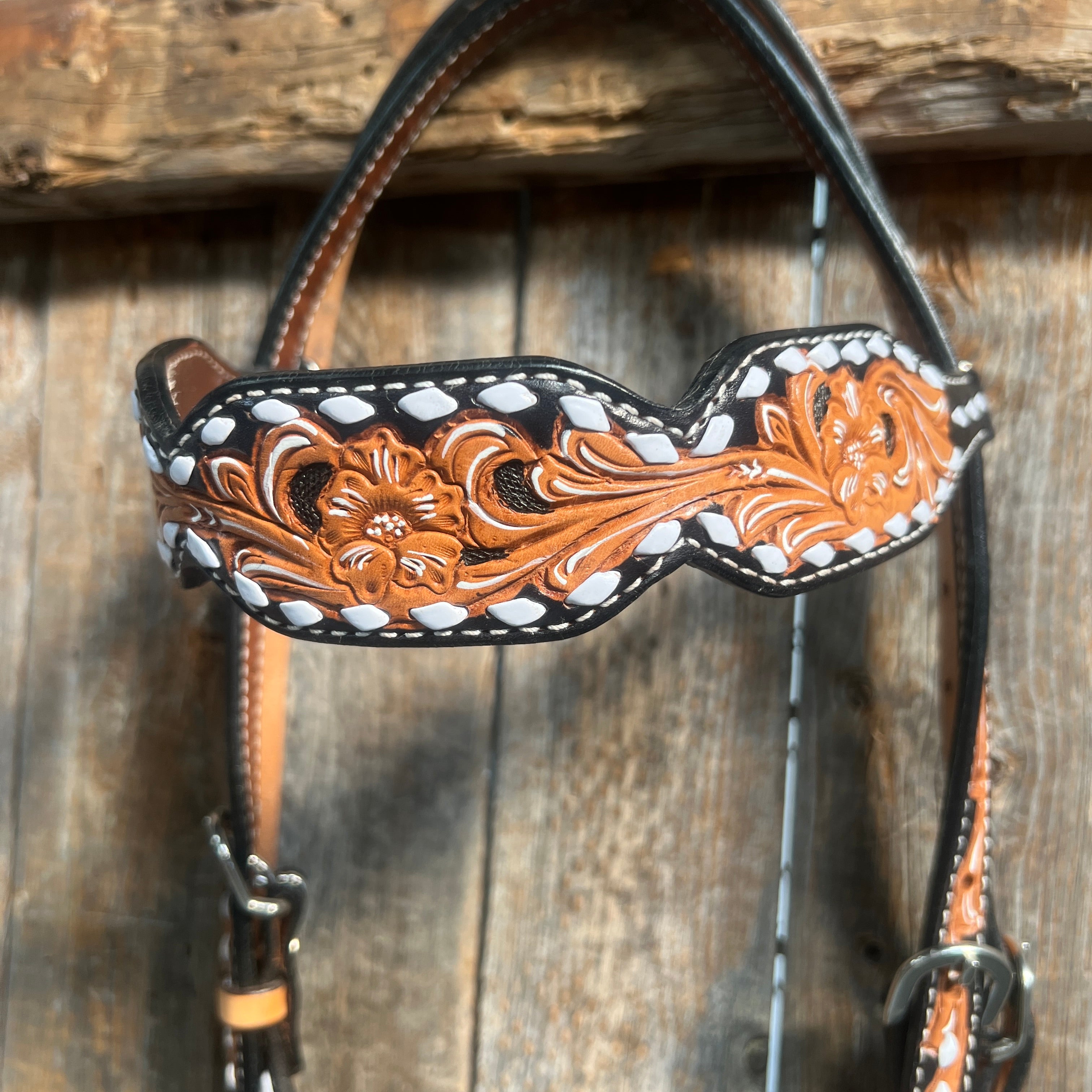 Floral Tooled Buckstitch Browband Headstall / Bridle