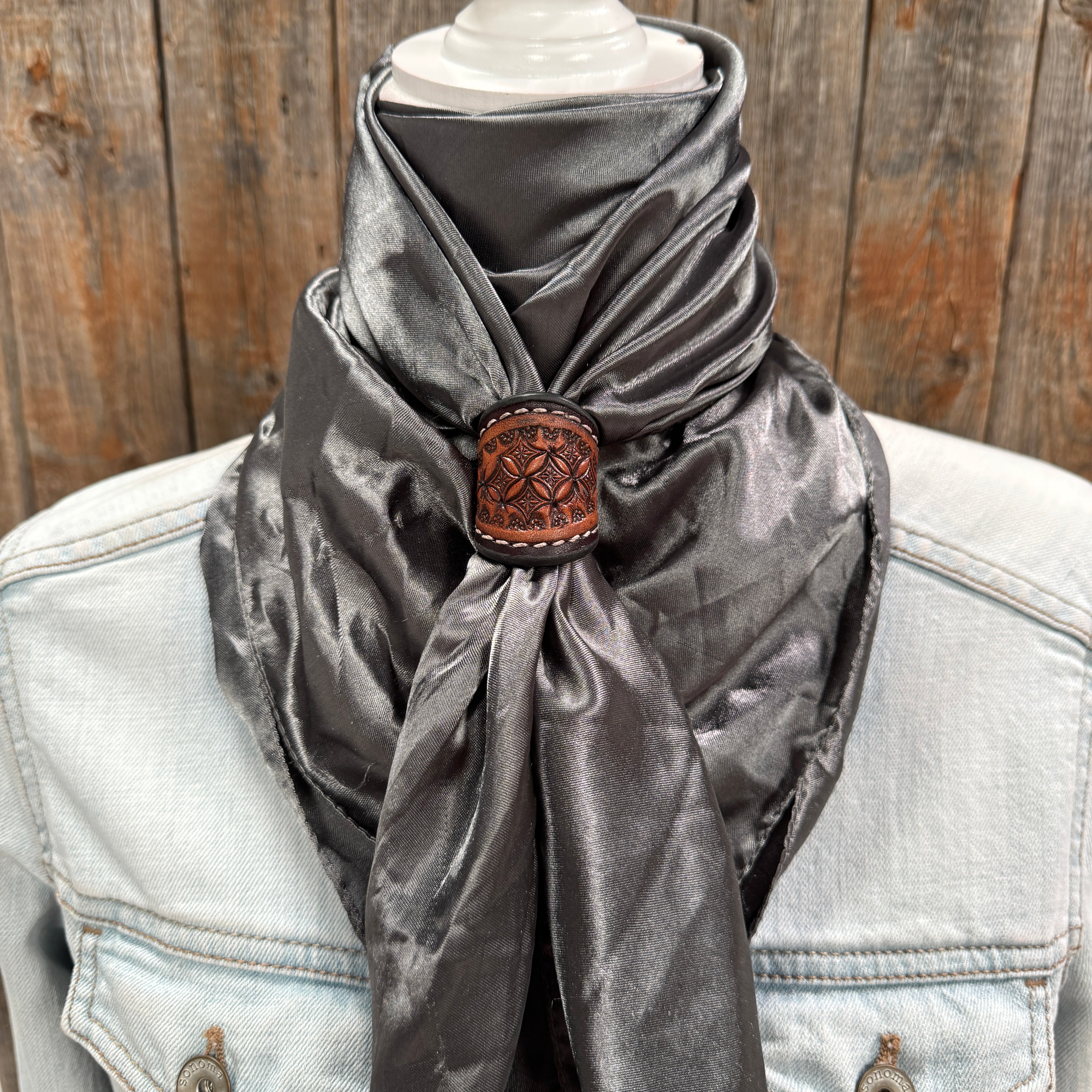 35X35" Solid Silver Wild Rag / Scarf WRS15 - Tooled Leather Wild Rag Slides - Assorted