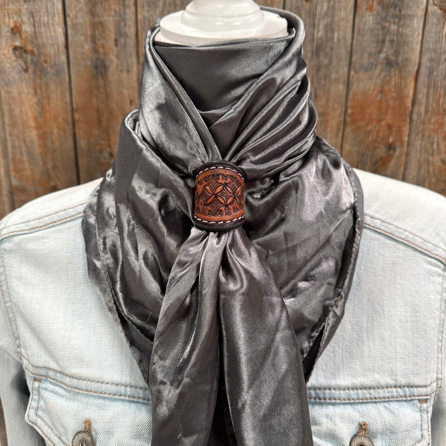 35X35" Solid Silver Wild Rag / Scarf WRS15 - Tooled Leather Wild Rag Slides - Assorted